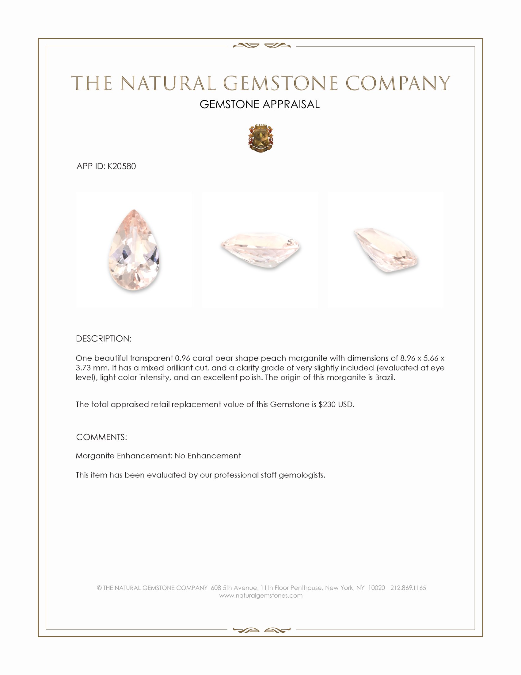 0.96 Ct. Morganite from Brazil