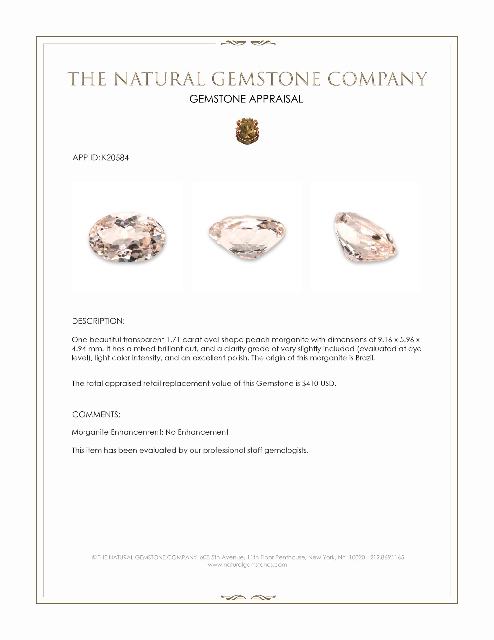 1.71 Ct. Morganite from Brazil