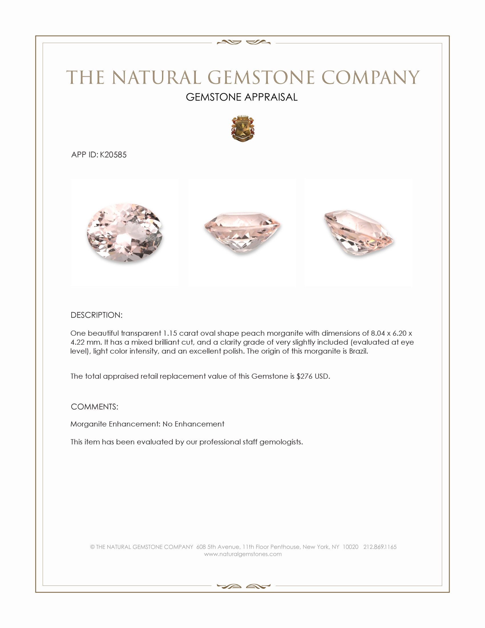 1.15 Ct. Peach Morganite from Brazil