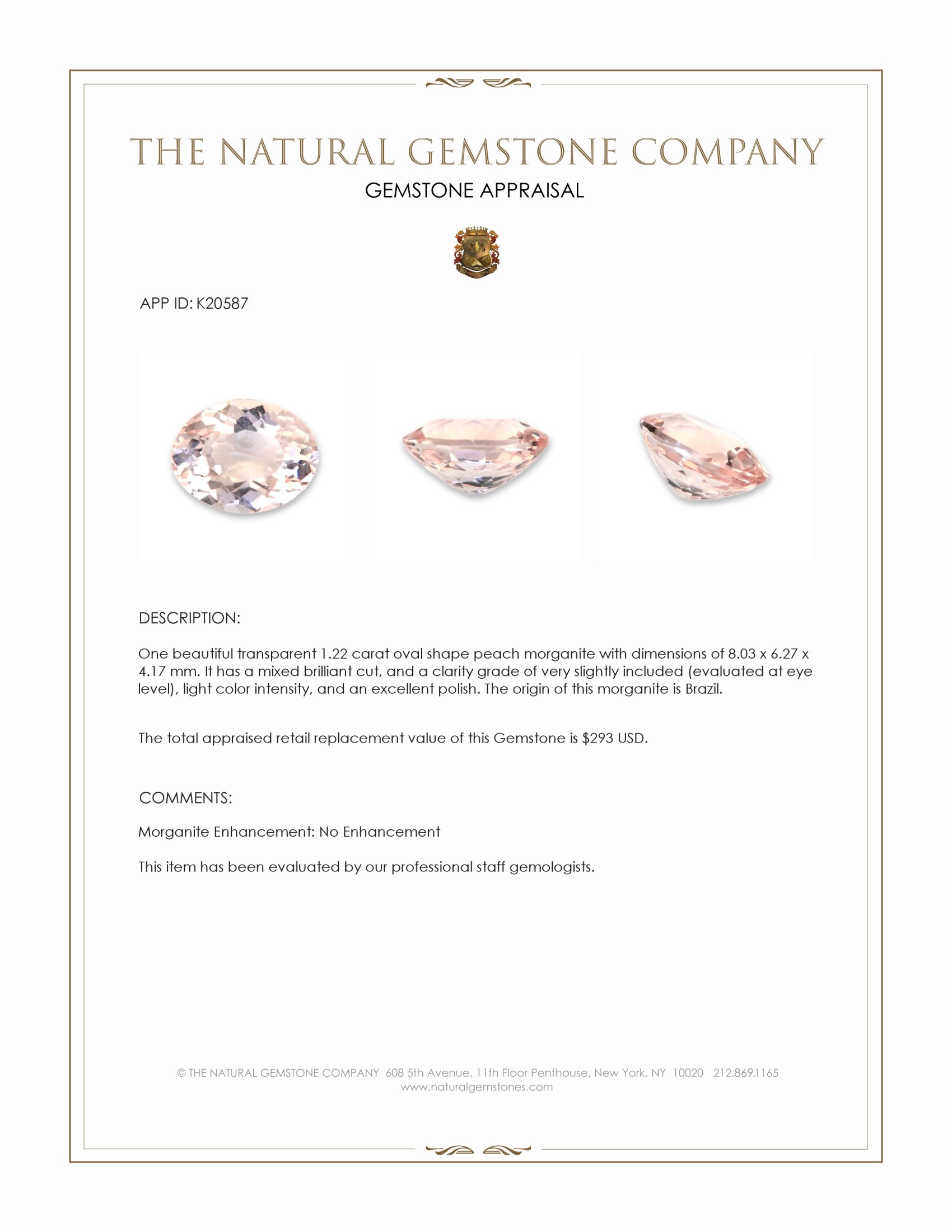 1.22 Ct. Peach Morganite from Brazil