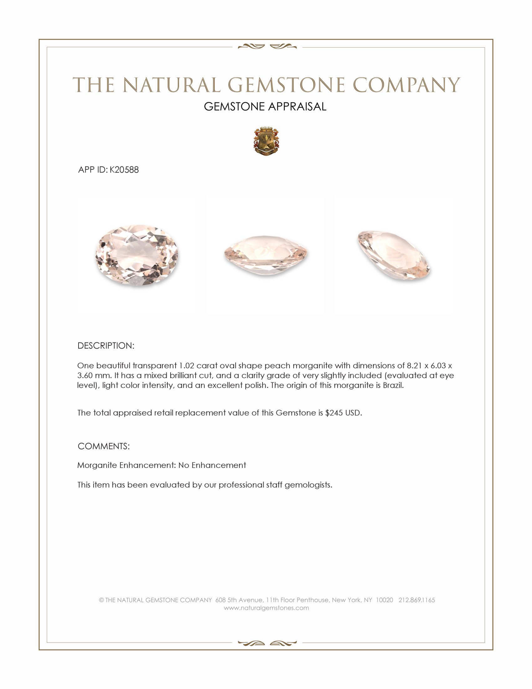 1.02 Ct. Peach Morganite from Brazil