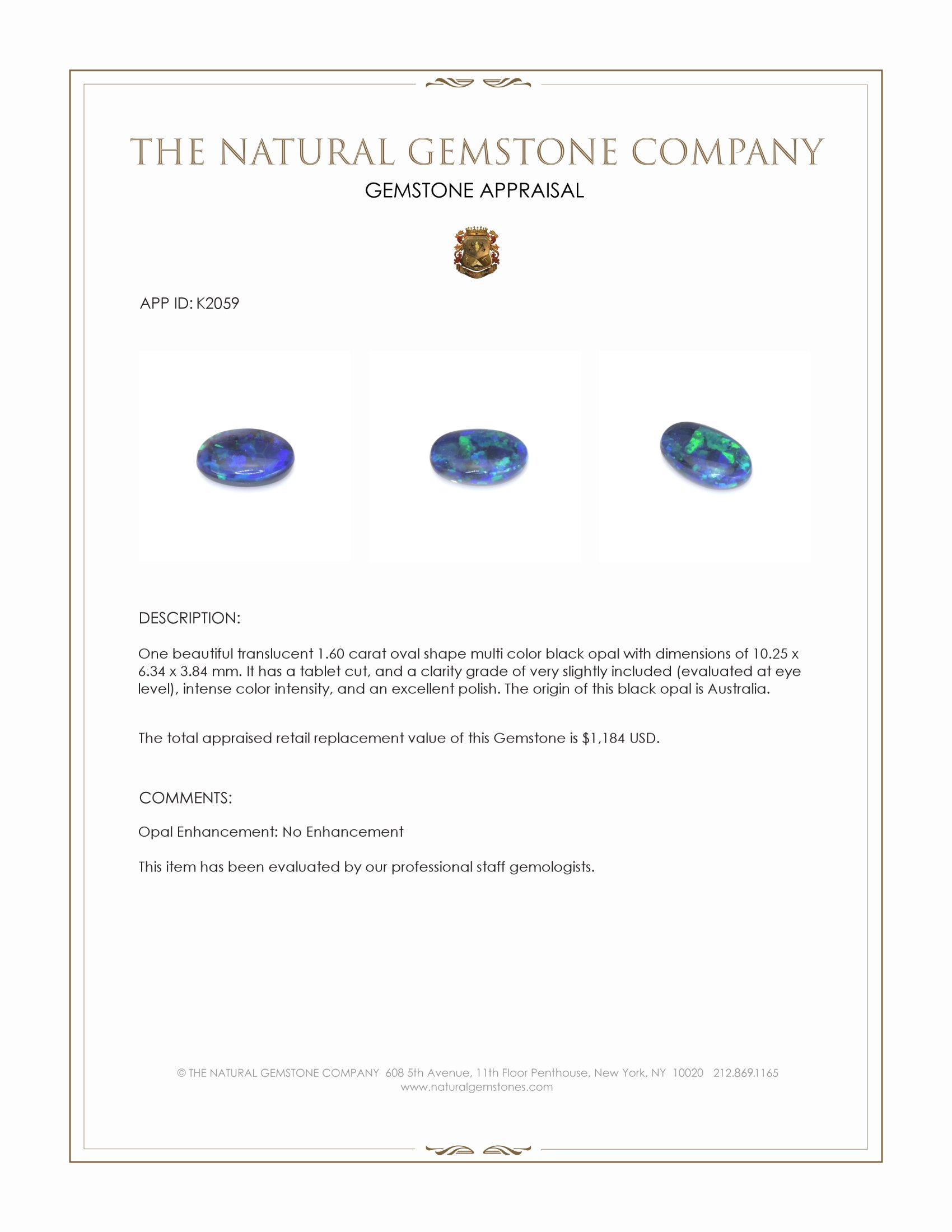 1.60 Ct. Multi Color Black Opal from Australia