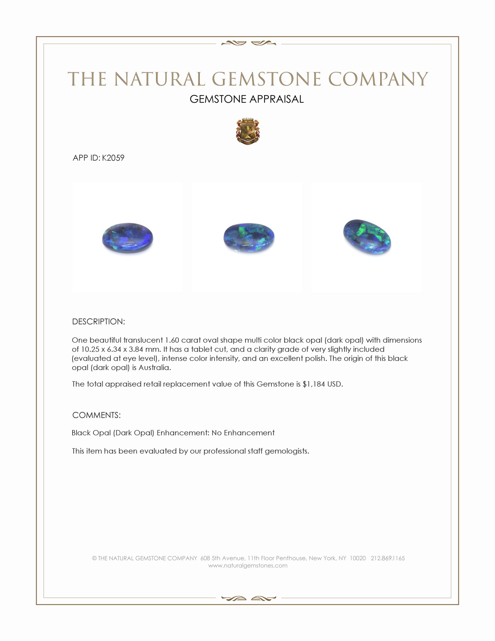 1.60 Ct. Multi Color Black Opal (Dark Opal) from Australia