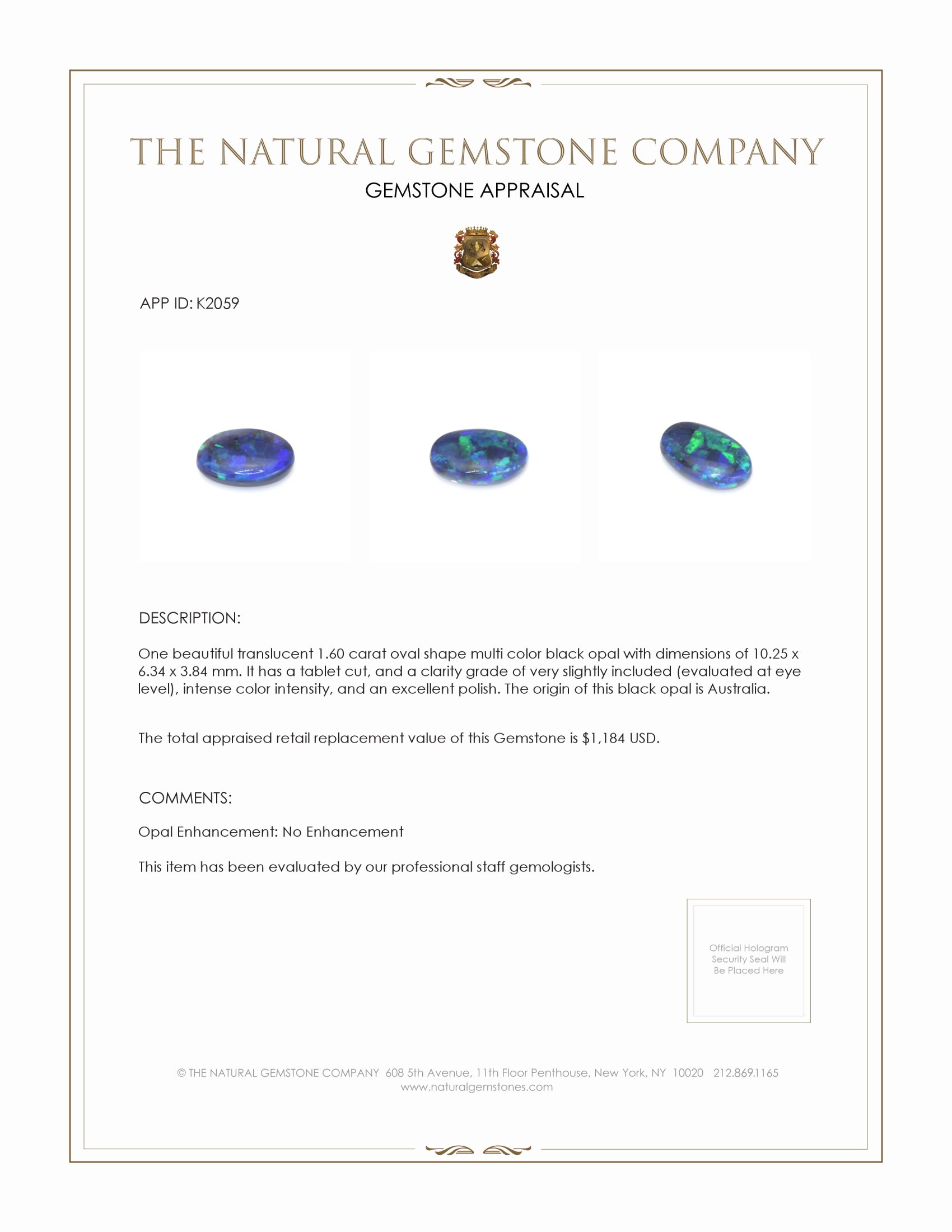 1.60 Ct. Black Opal from Australia