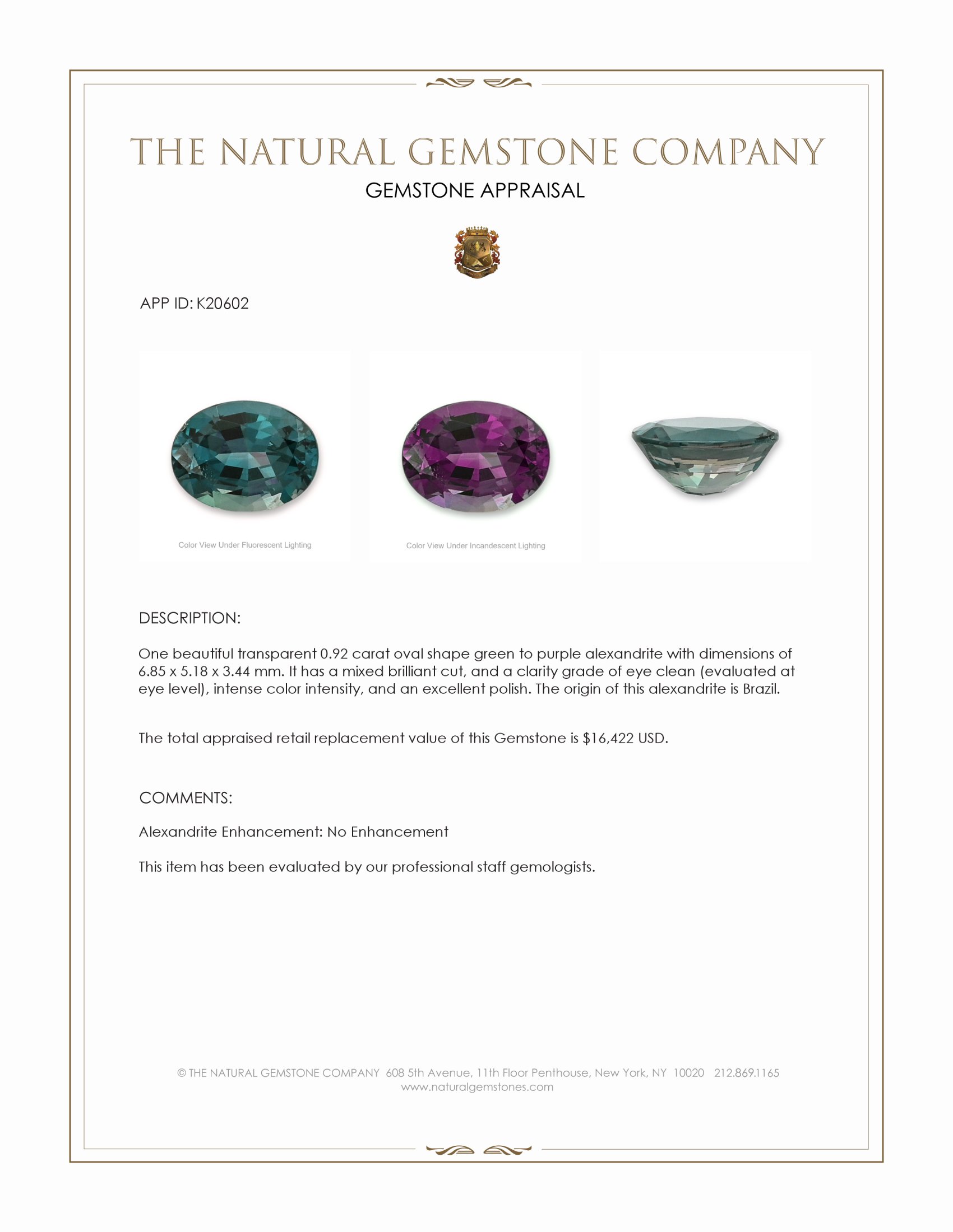 0.92 Ct. Alexandrite from Brazil