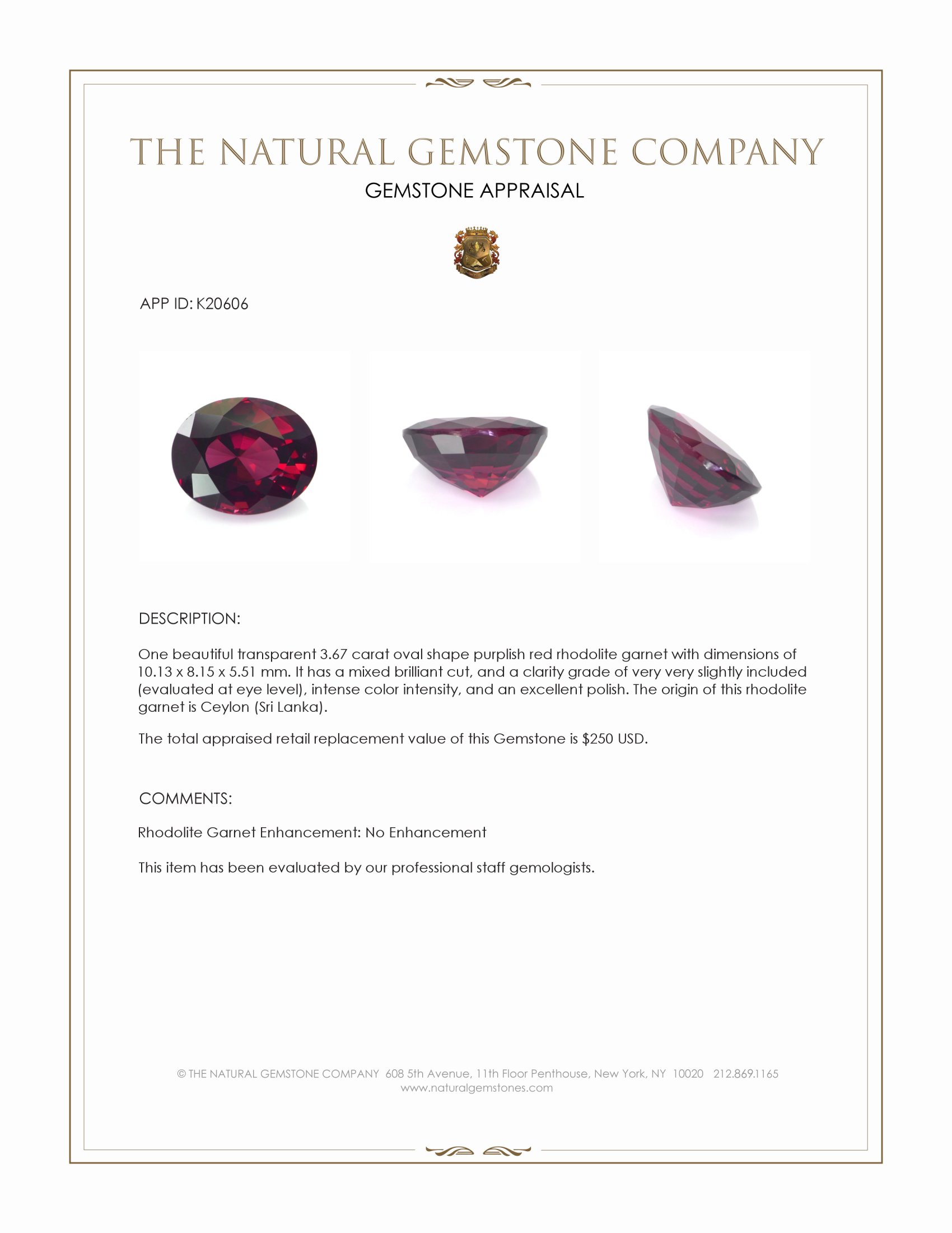 3.67 Ct. Rhodolite Garnet from Ceylon (Sri Lanka)