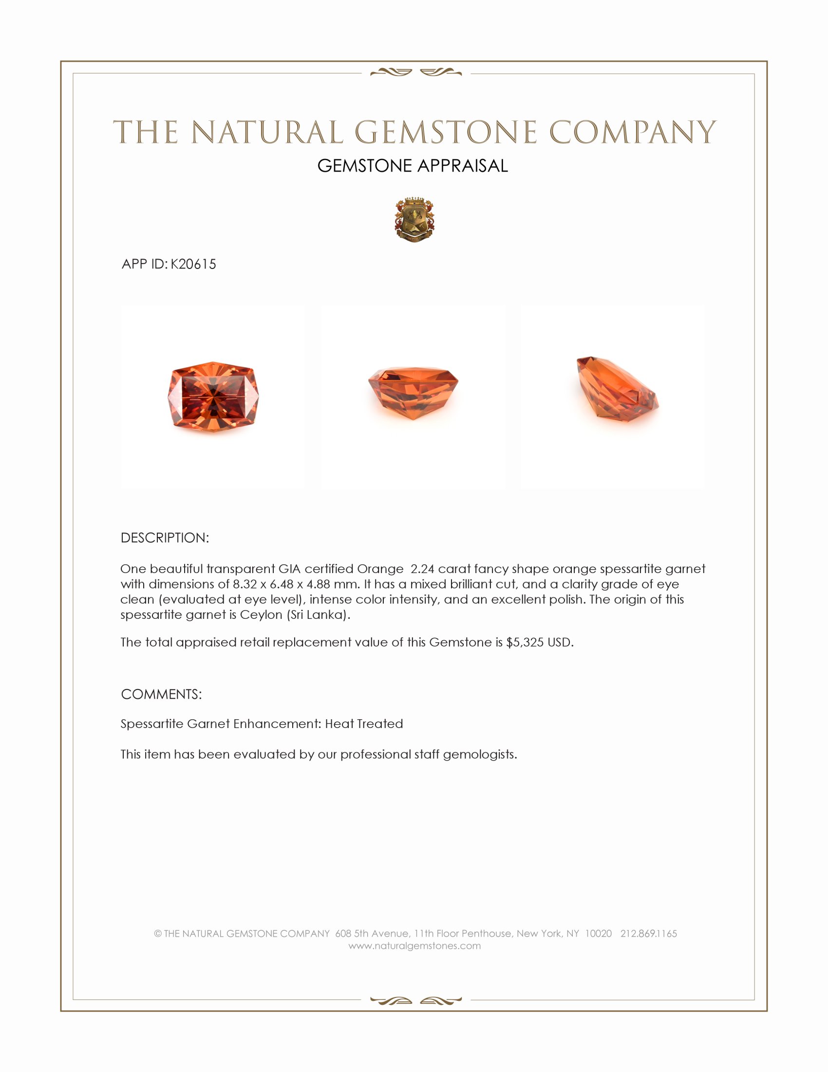 2.24 Ct. Orange Spessartite Garnet from Ceylon (Sri Lanka)