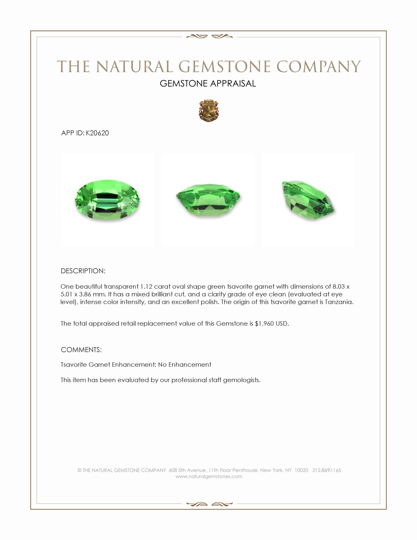 1.12 Ct. Tsavorite Garnet from Tanzania