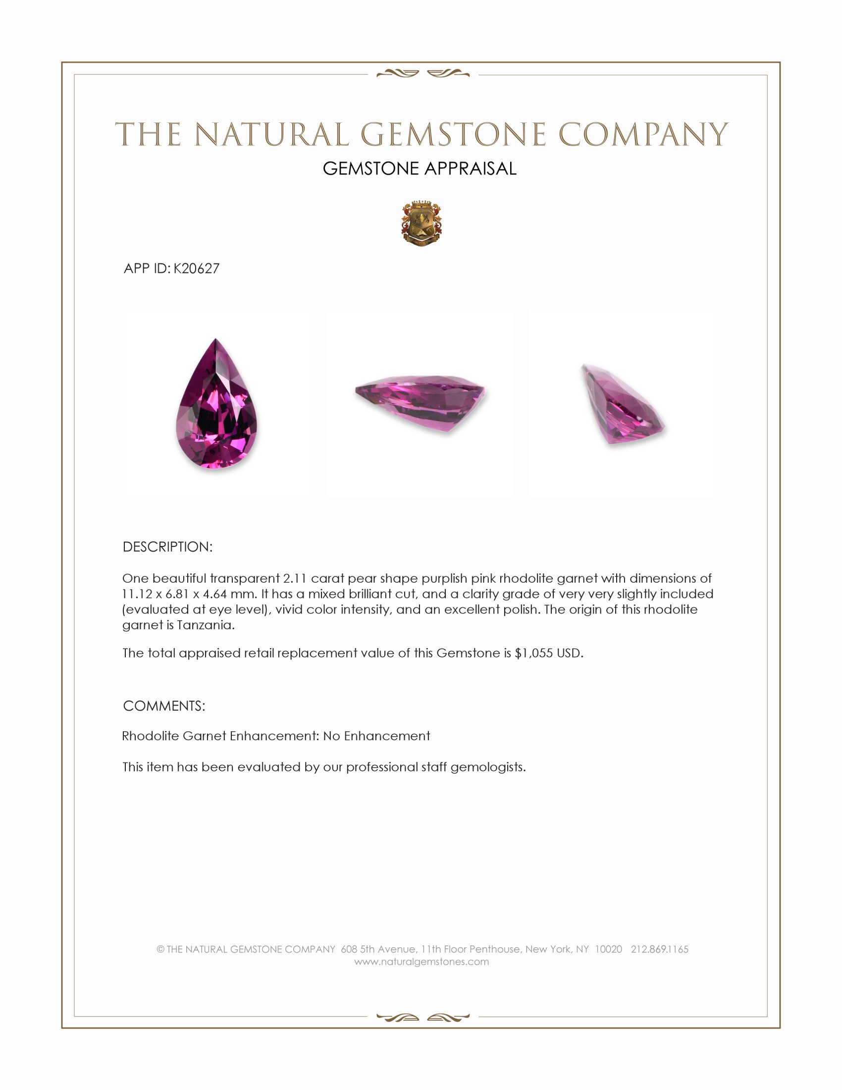 2.11 Ct. Rhodolite Garnet from Tanzania