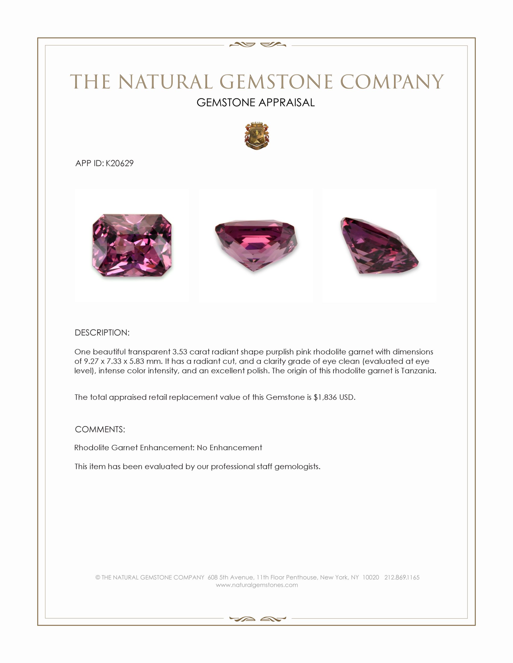 3.53 Ct. Rhodolite Garnet from Tanzania