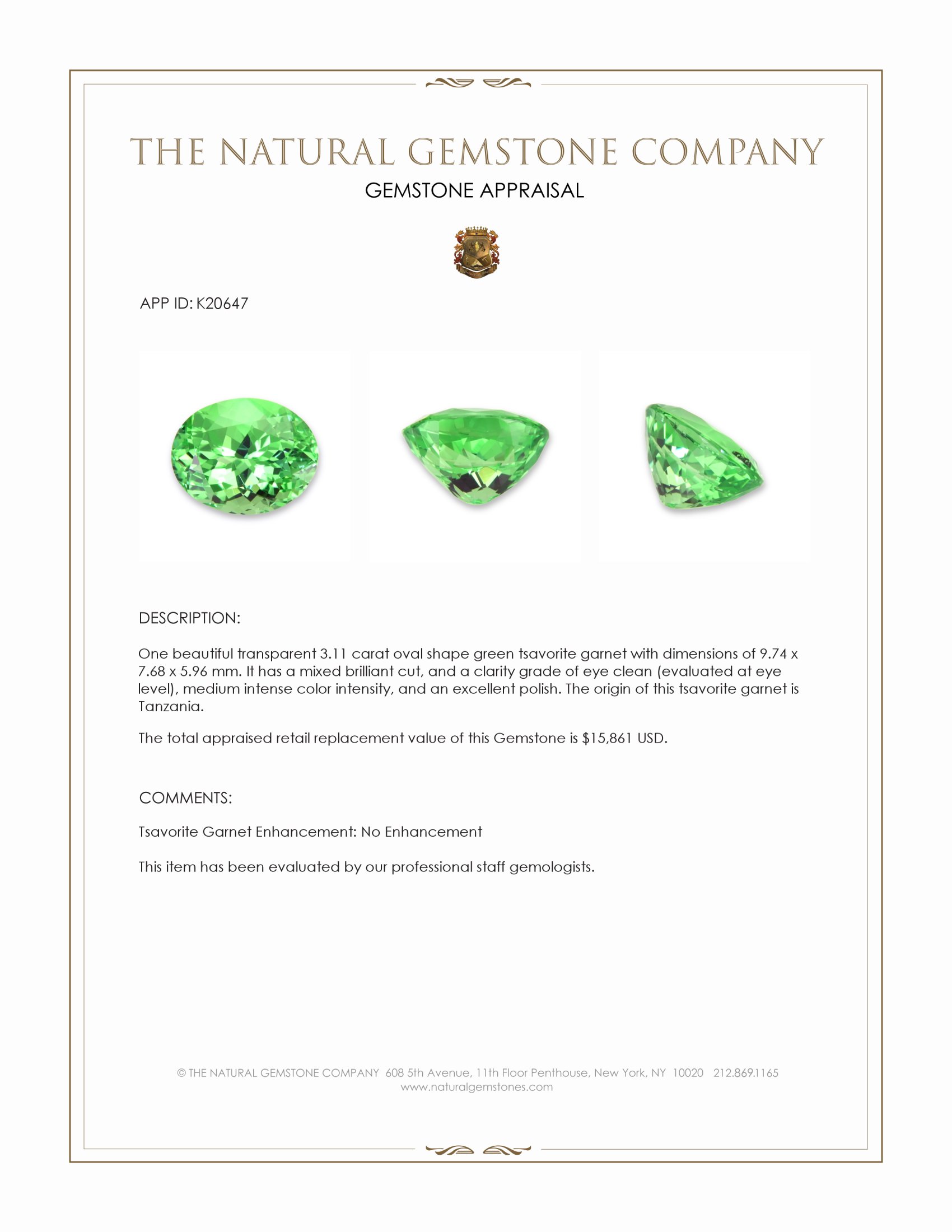 3.11 Ct. Tsavorite Garnet from Tanzania