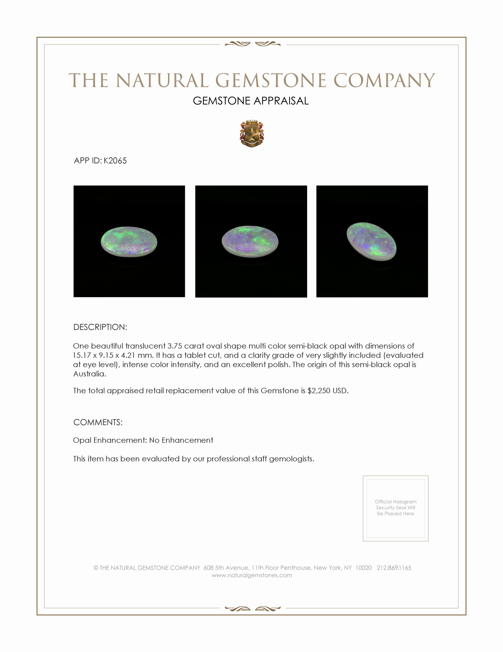 3.75 Ct. Semi-Black Opal from Australia