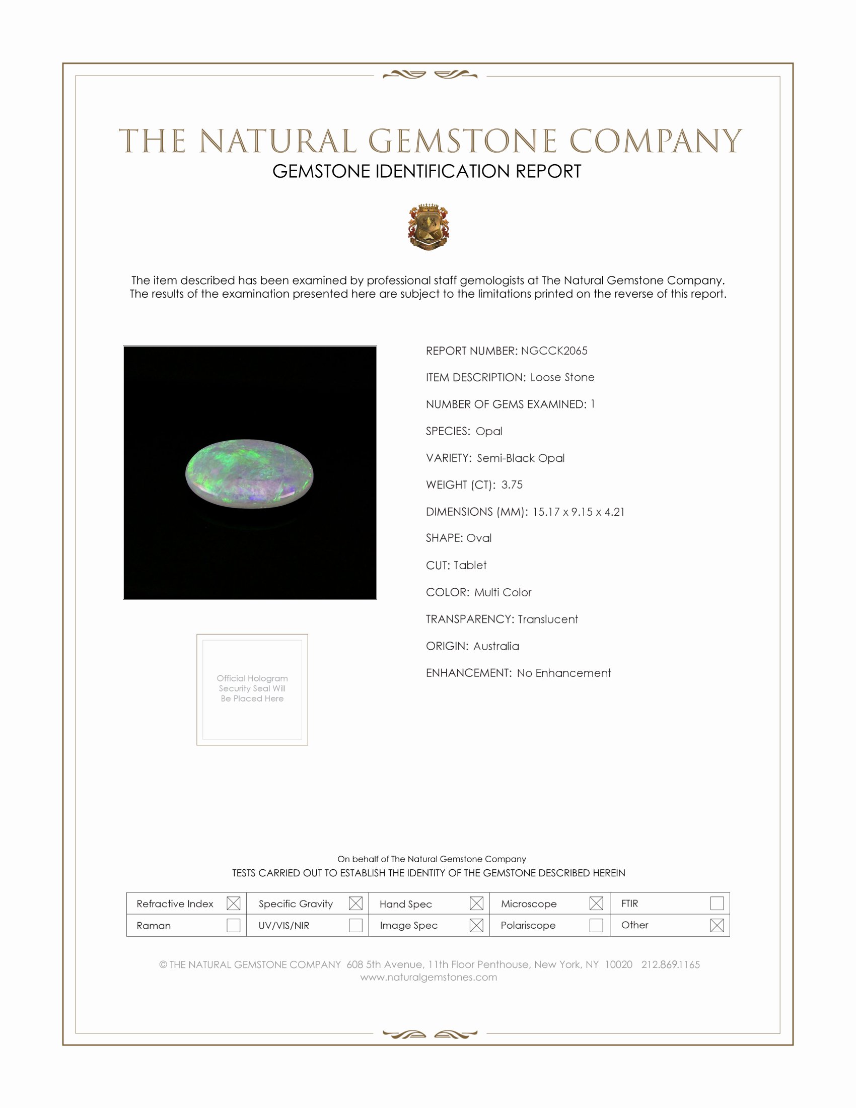 3.75 Ct. Semi-Black Opal from Australia