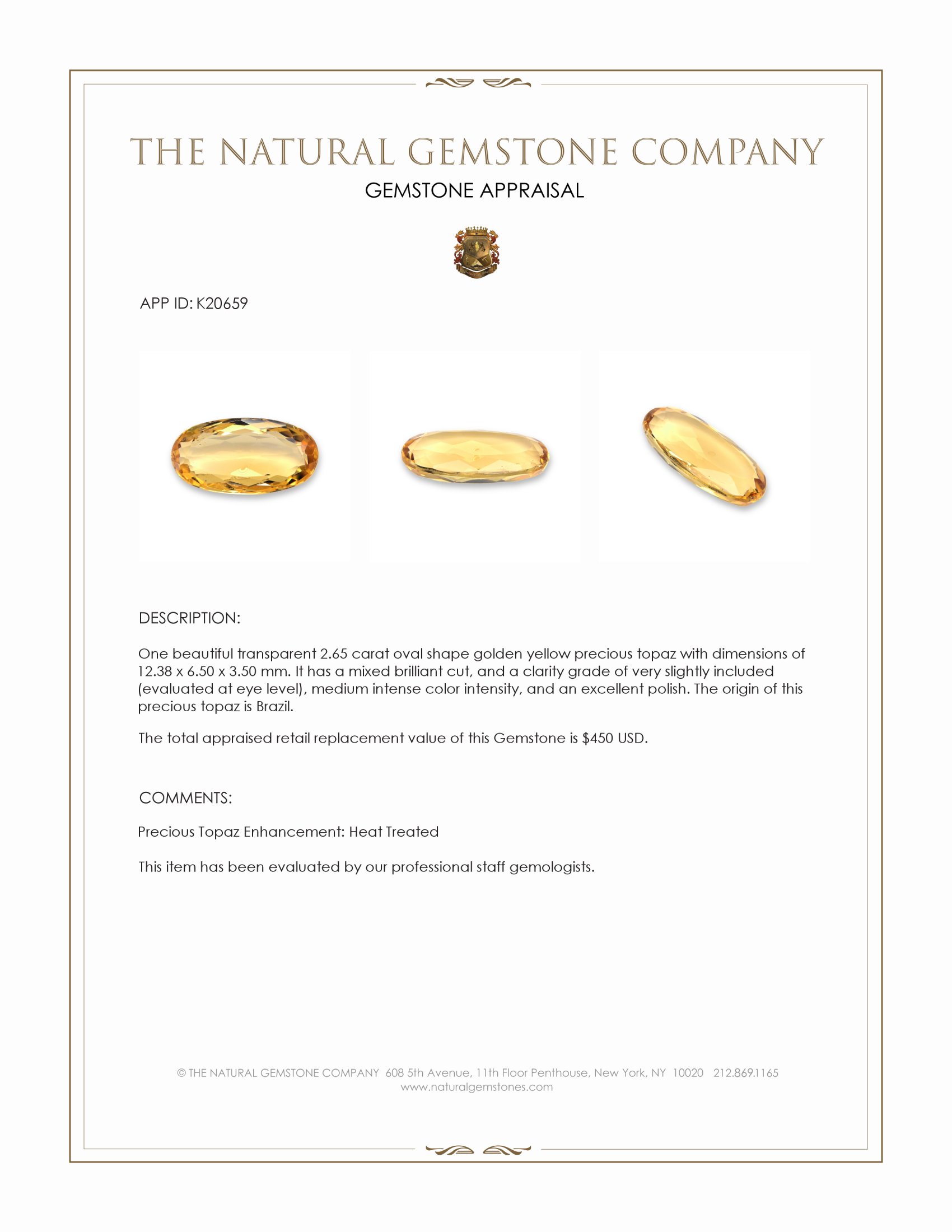 2.65 Ct. Precious Topaz from Brazil