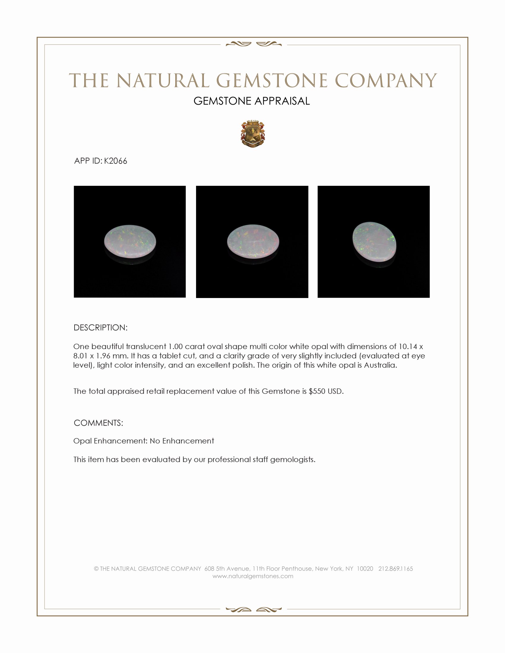 1.00 Ct. White Opal from Australia