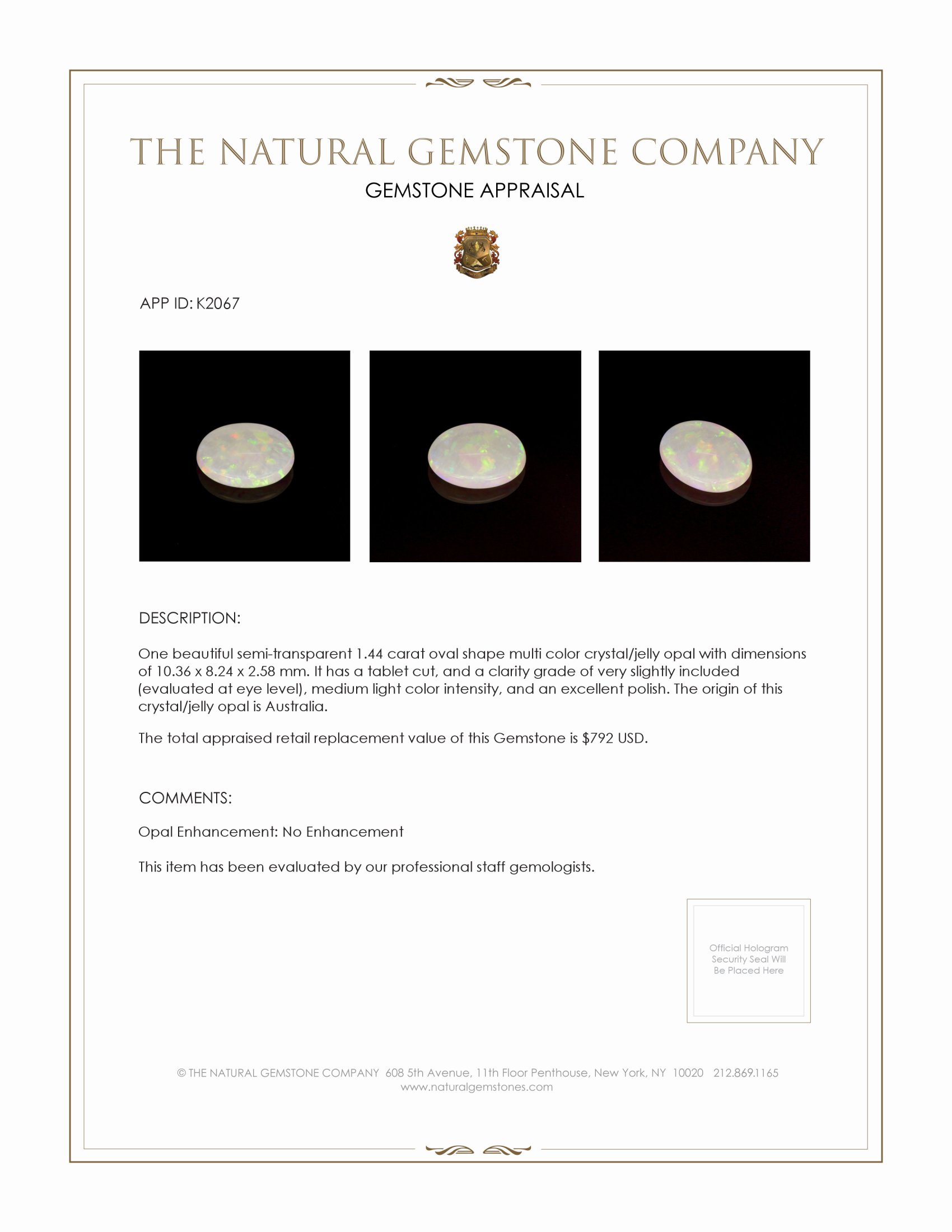 1.44 Ct. Crystal/Jelly Opal from Australia