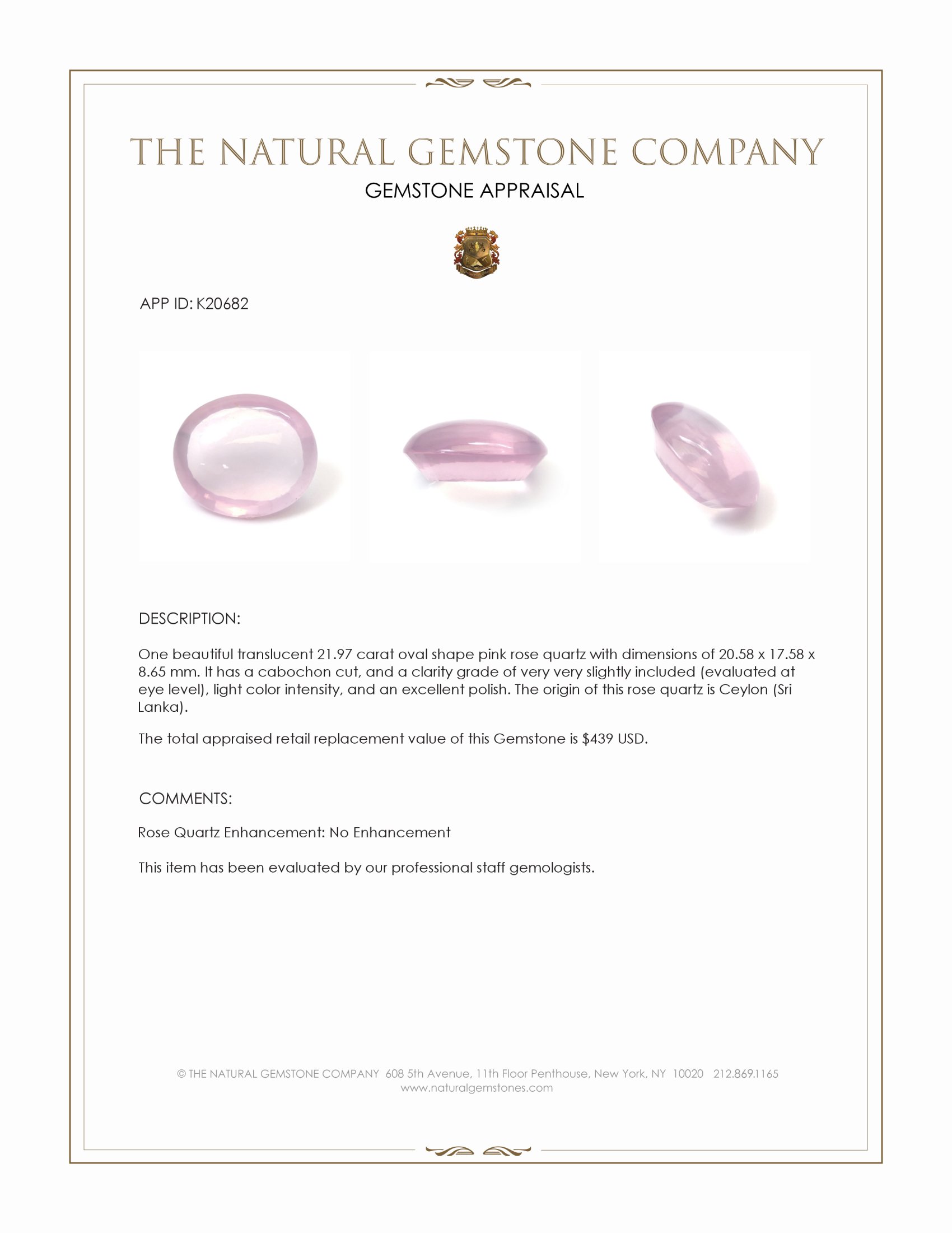 21.97 Ct. Cabochon Rose Quartz from Ceylon (Sri Lanka)