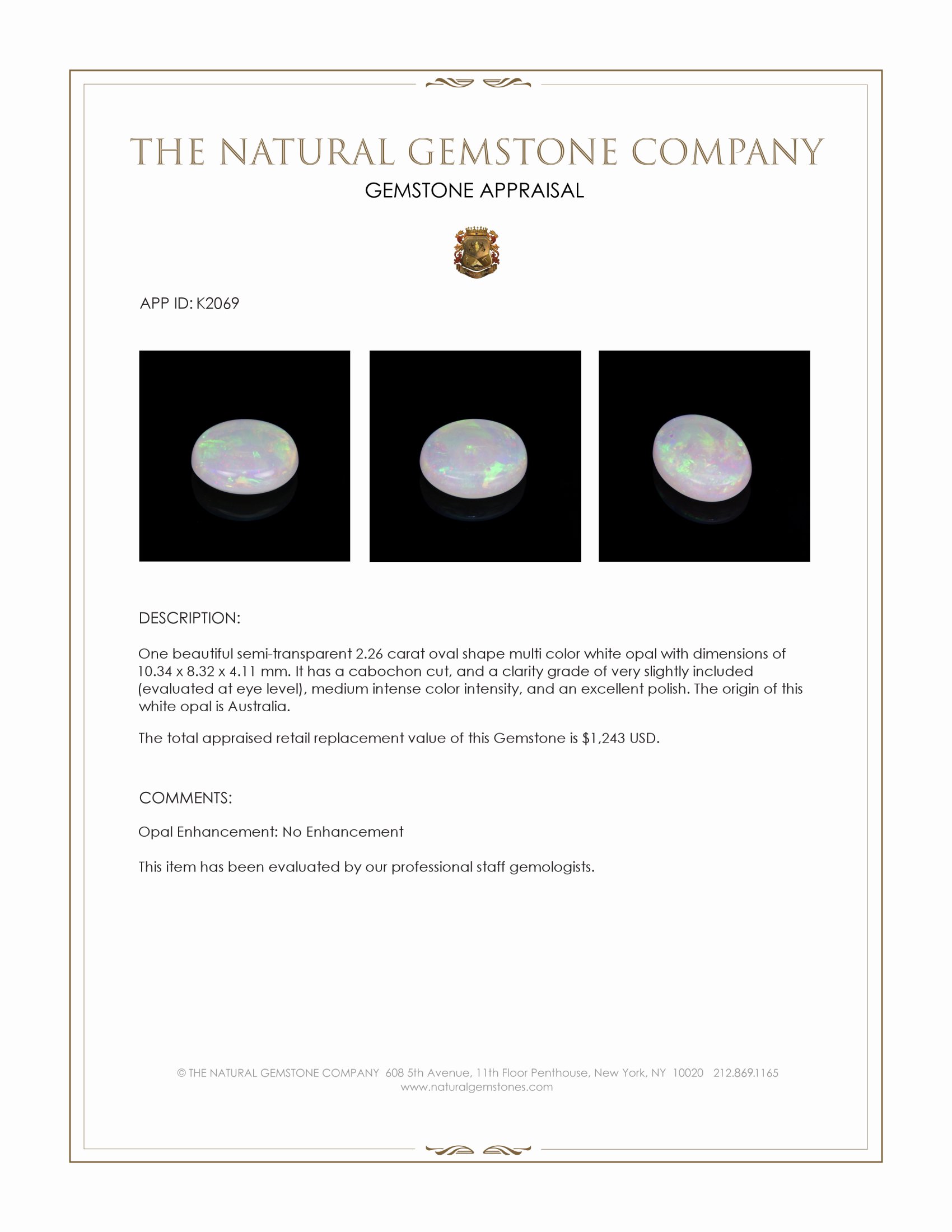 2.26 Ct. Cabochon White Opal from Australia