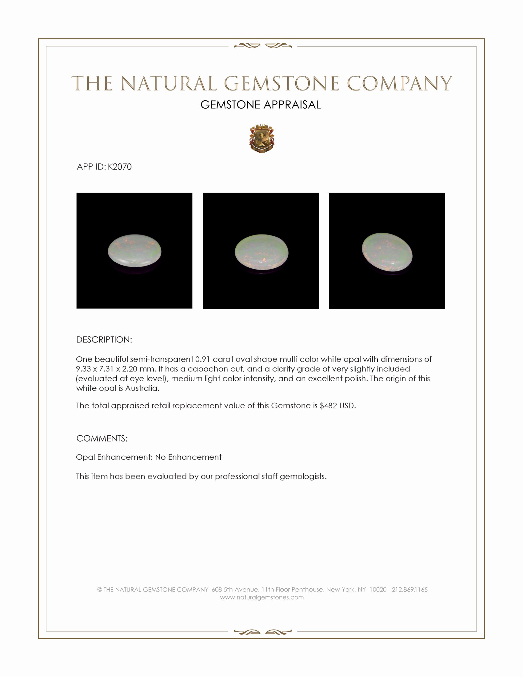 0.91 Ct. Cabochon White Opal from Australia