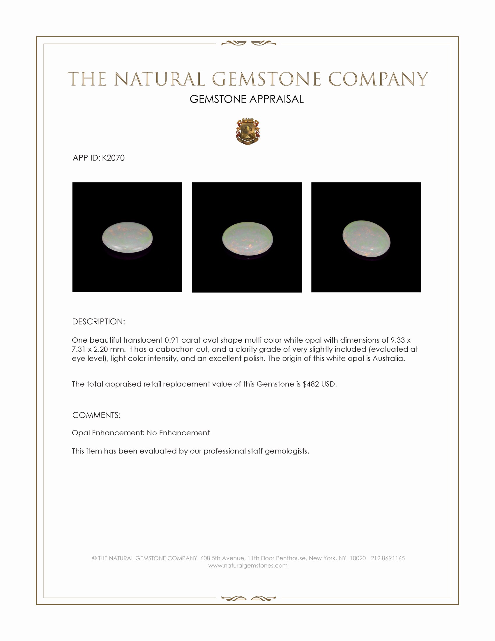 0.91 Ct. Cabochon White Opal from Australia