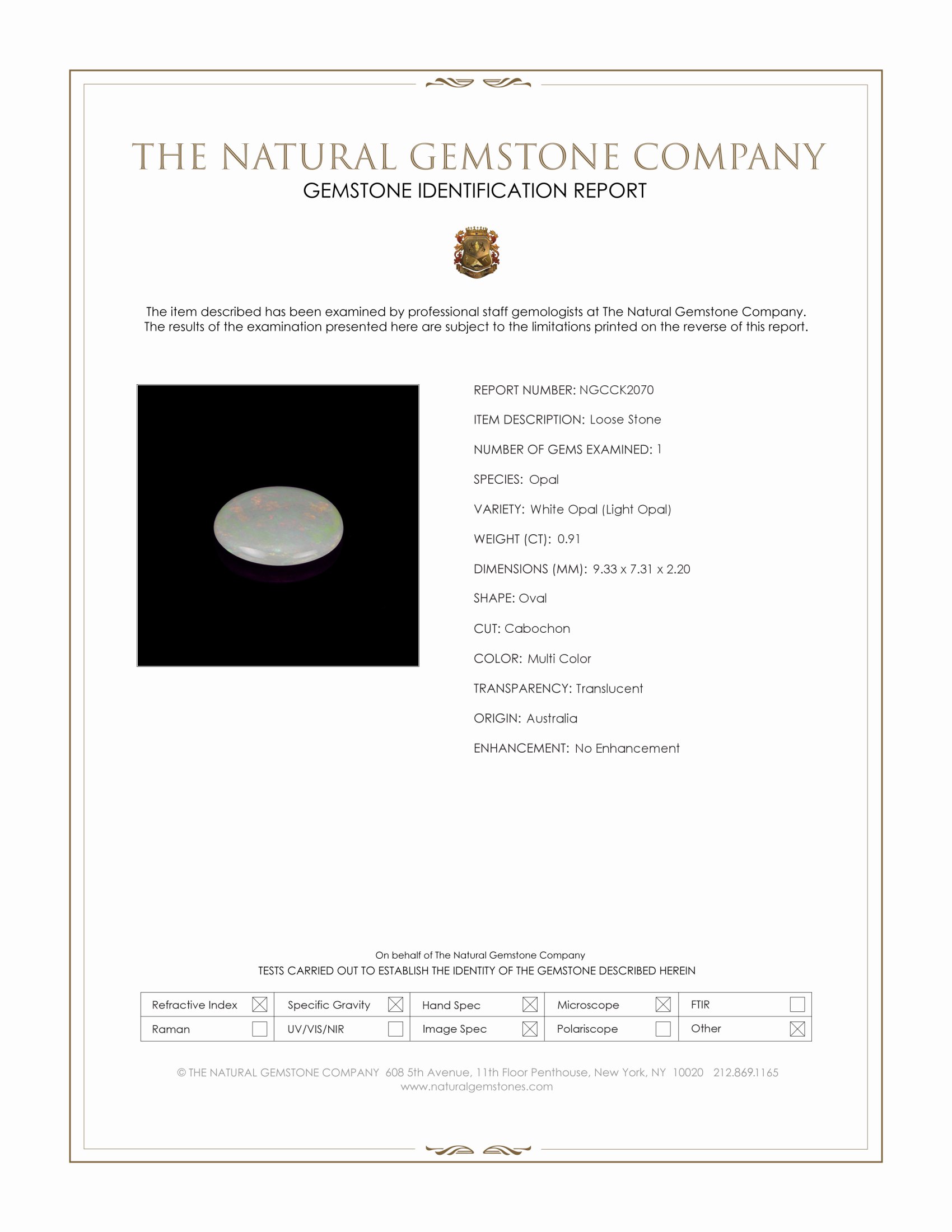 0.91 Ct. Multi Color Cabochon White Opal (Light Opal) from Australia