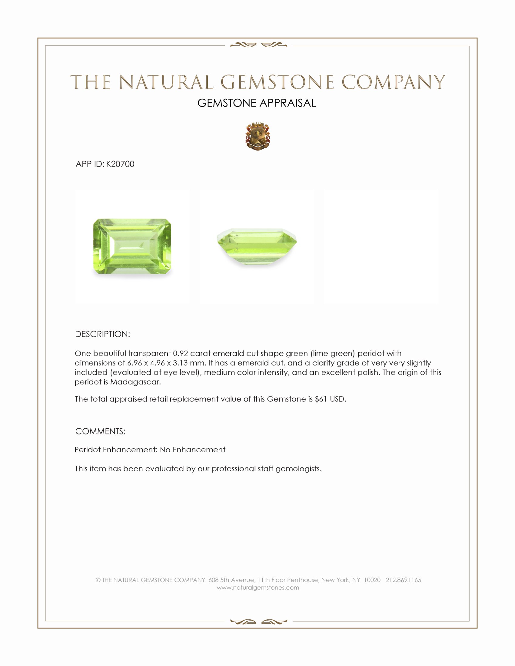 0.92 Ct. Green (Lime Green) Peridot from Madagascar