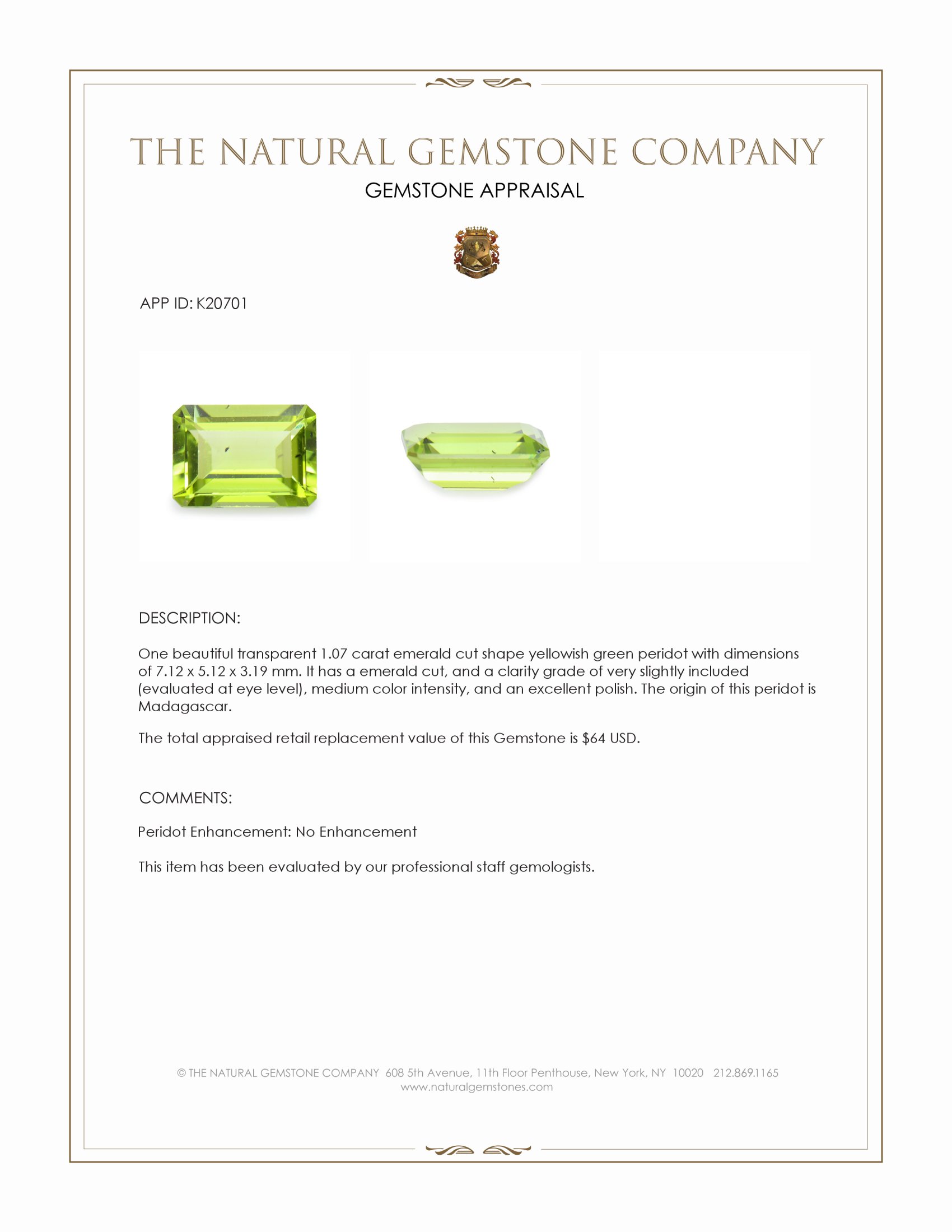 1.07 Ct. Yellowish Green Peridot from Madagascar