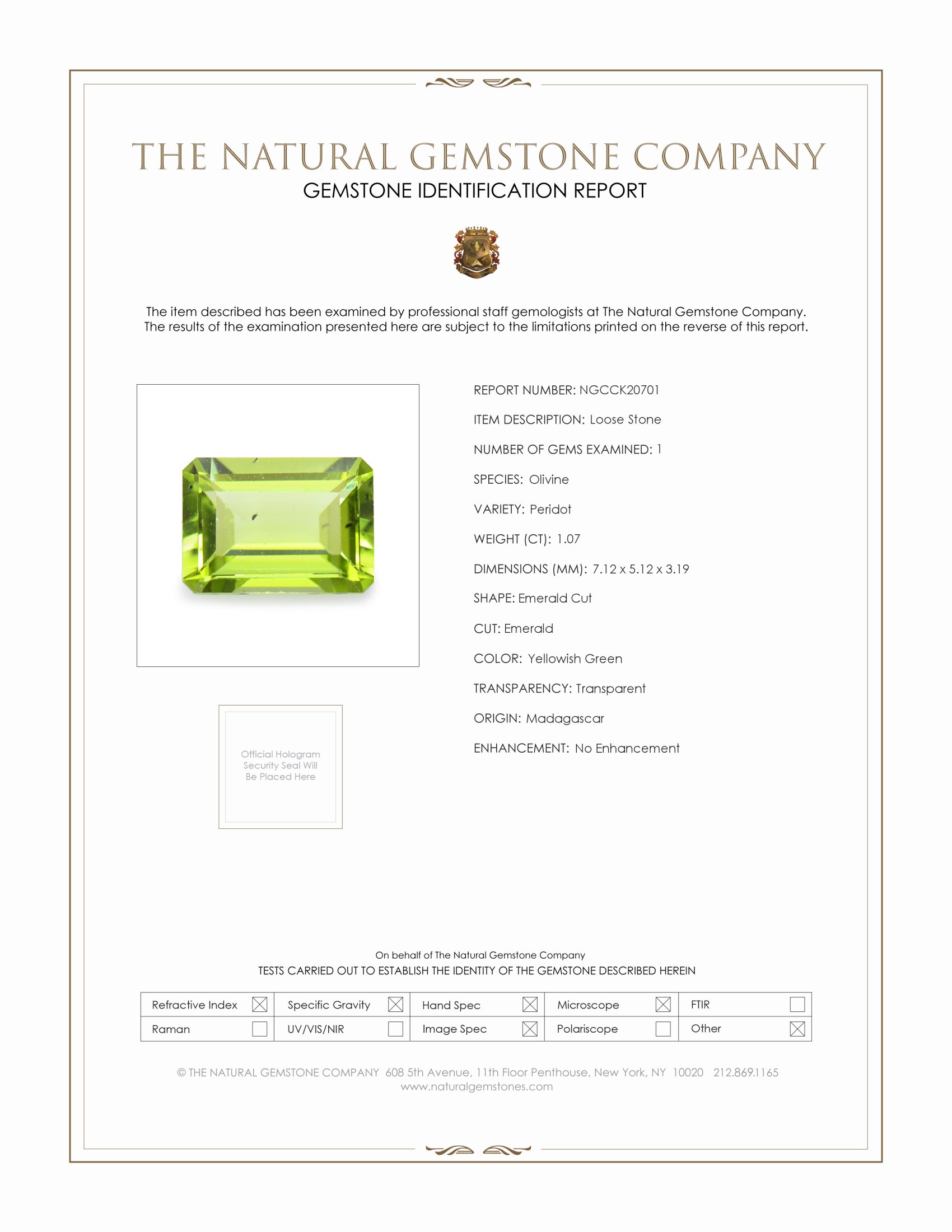 1.07 Ct. Yellowish Green Peridot from Madagascar