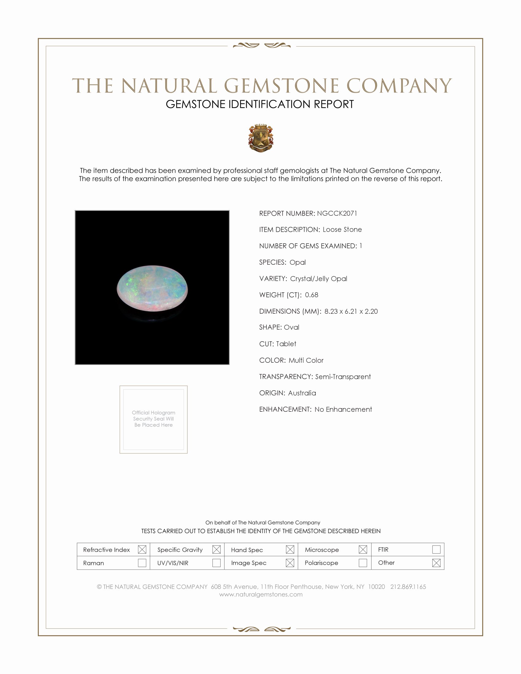 0.68 Ct. Crystal/Jelly Opal from Australia