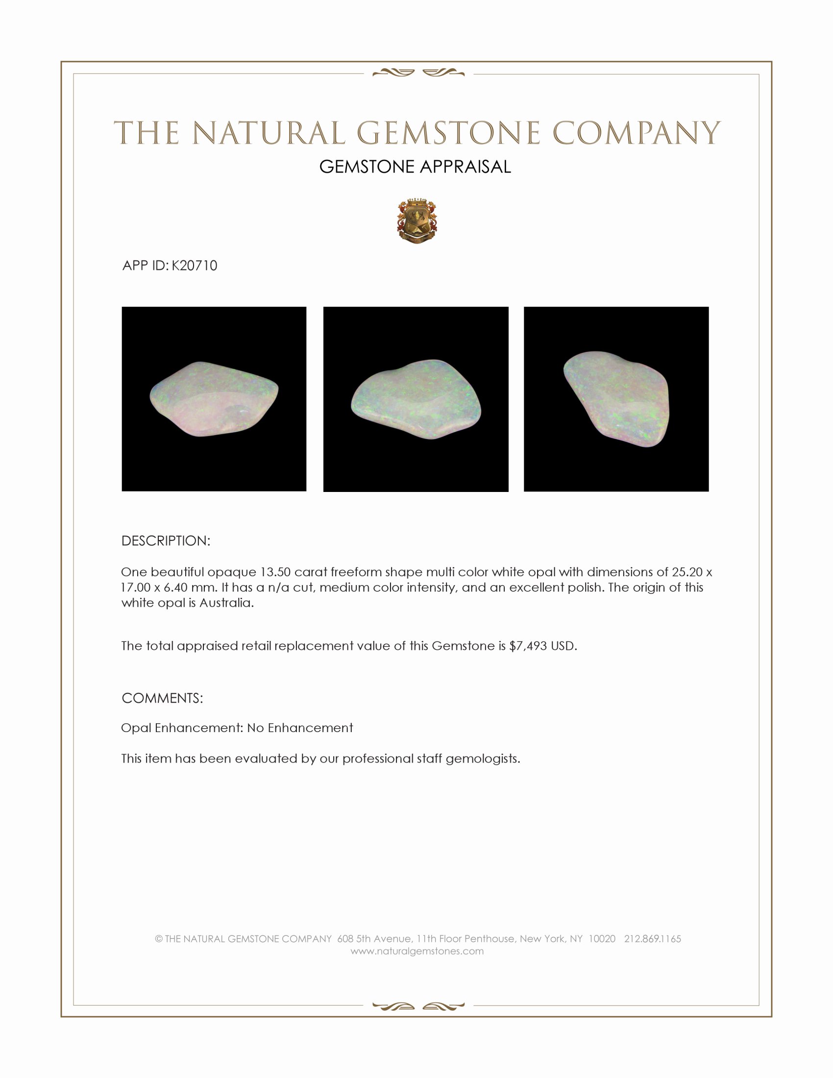 13.50 Ct. White Opal from Australia