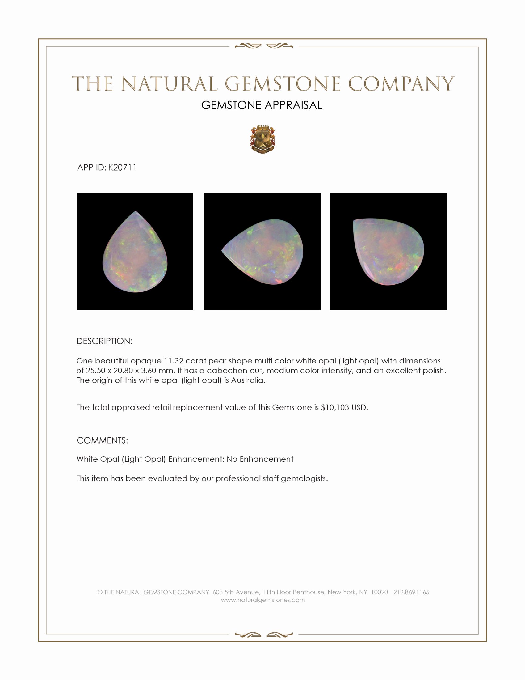 11.32 Ct. Multi Color Cabochon White Opal (Light Opal) from Australia