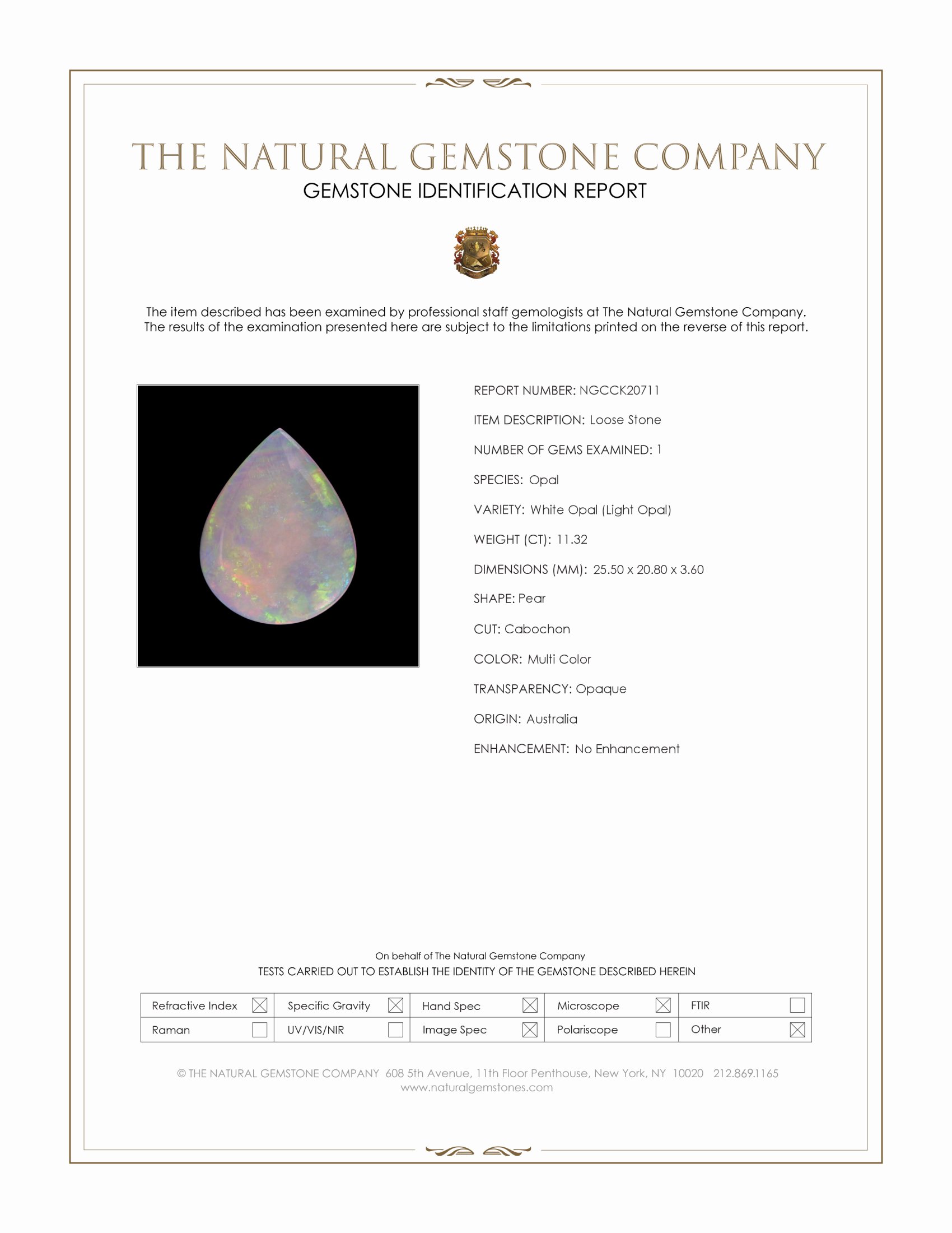 11.32 Ct. Multi Color Cabochon White Opal (Light Opal) from Australia