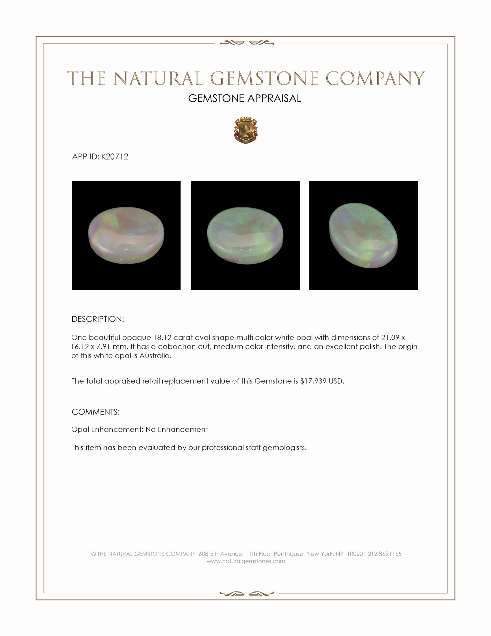 18.12 Ct. Cabochon White Opal from Australia