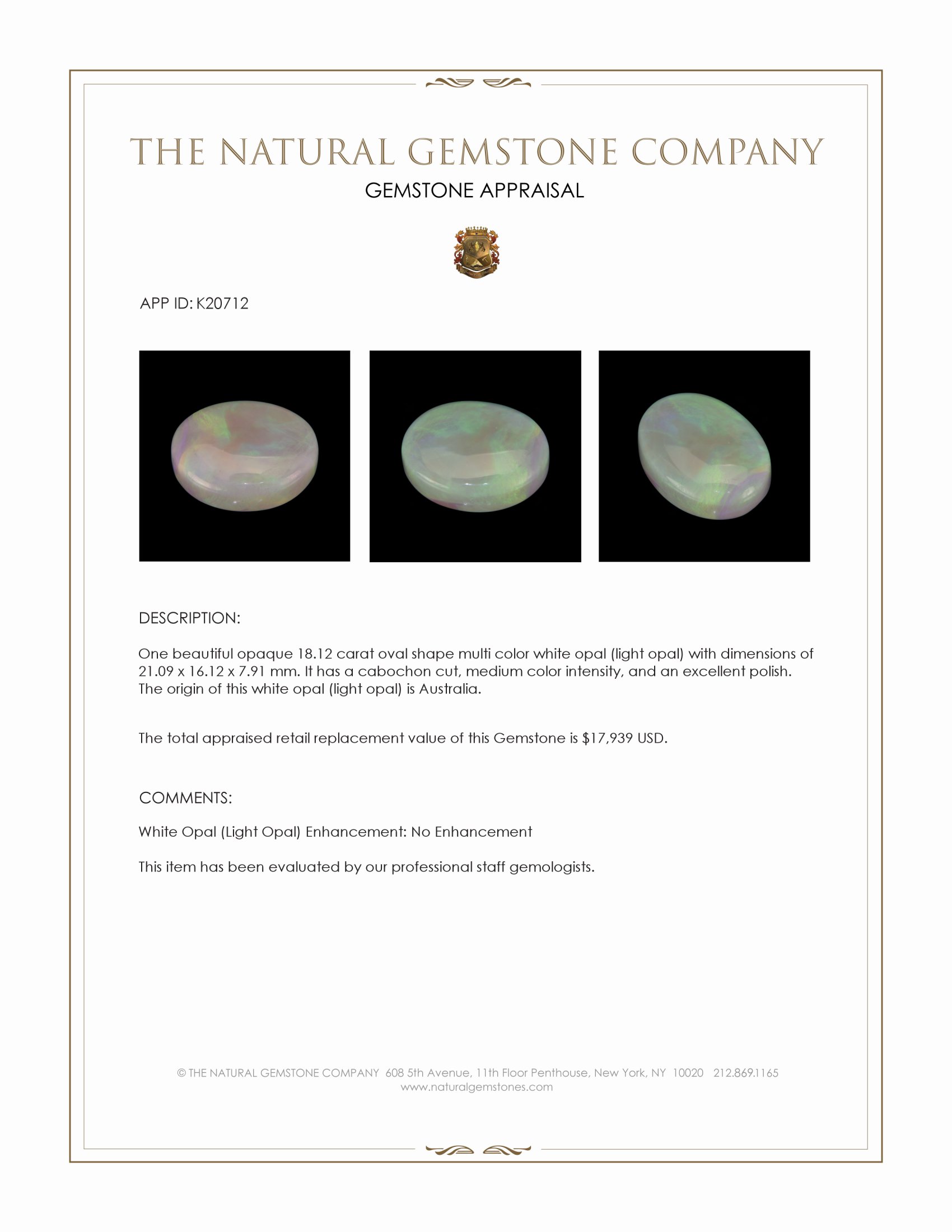 18.12 Ct. Multi Color Cabochon White Opal (Light Opal) from Australia