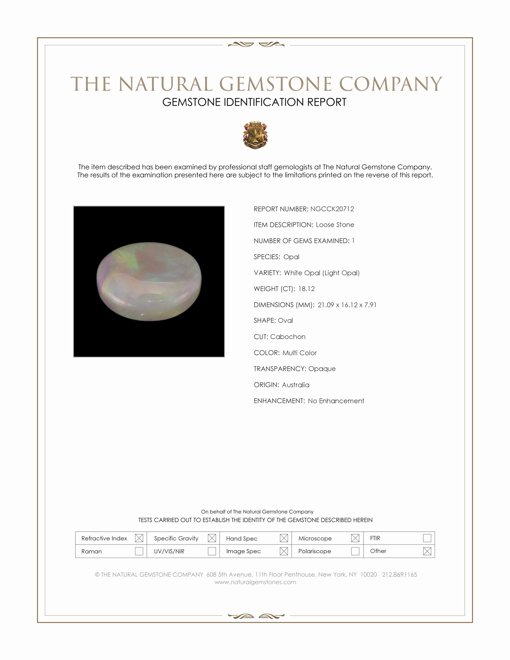 18.12 Ct. Multi Color Cabochon White Opal (Light Opal) from Australia