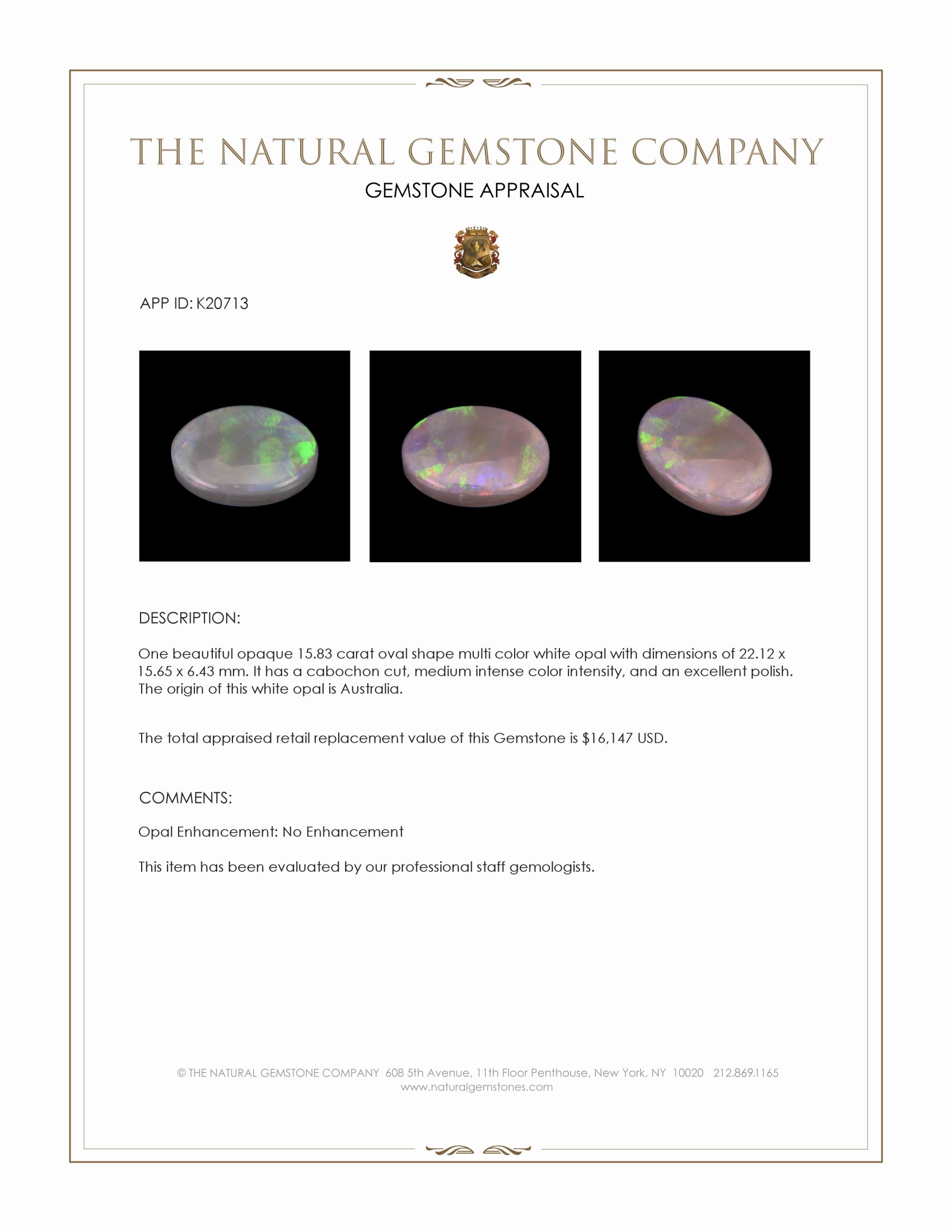 15.83 Ct. Multi Color Cabochon White Opal (Light Opal) from Australia