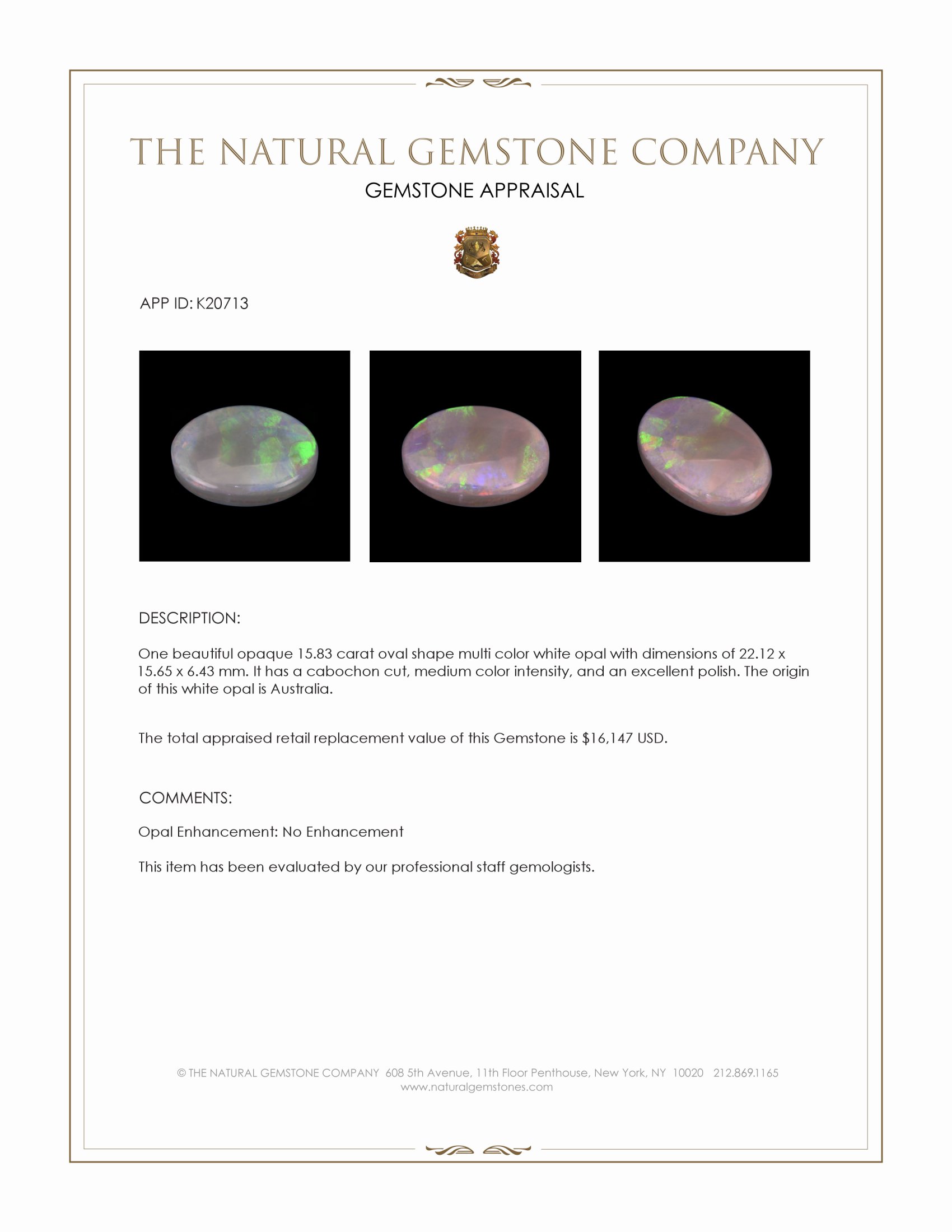 15.83 Ct. Cabochon White Opal from Australia