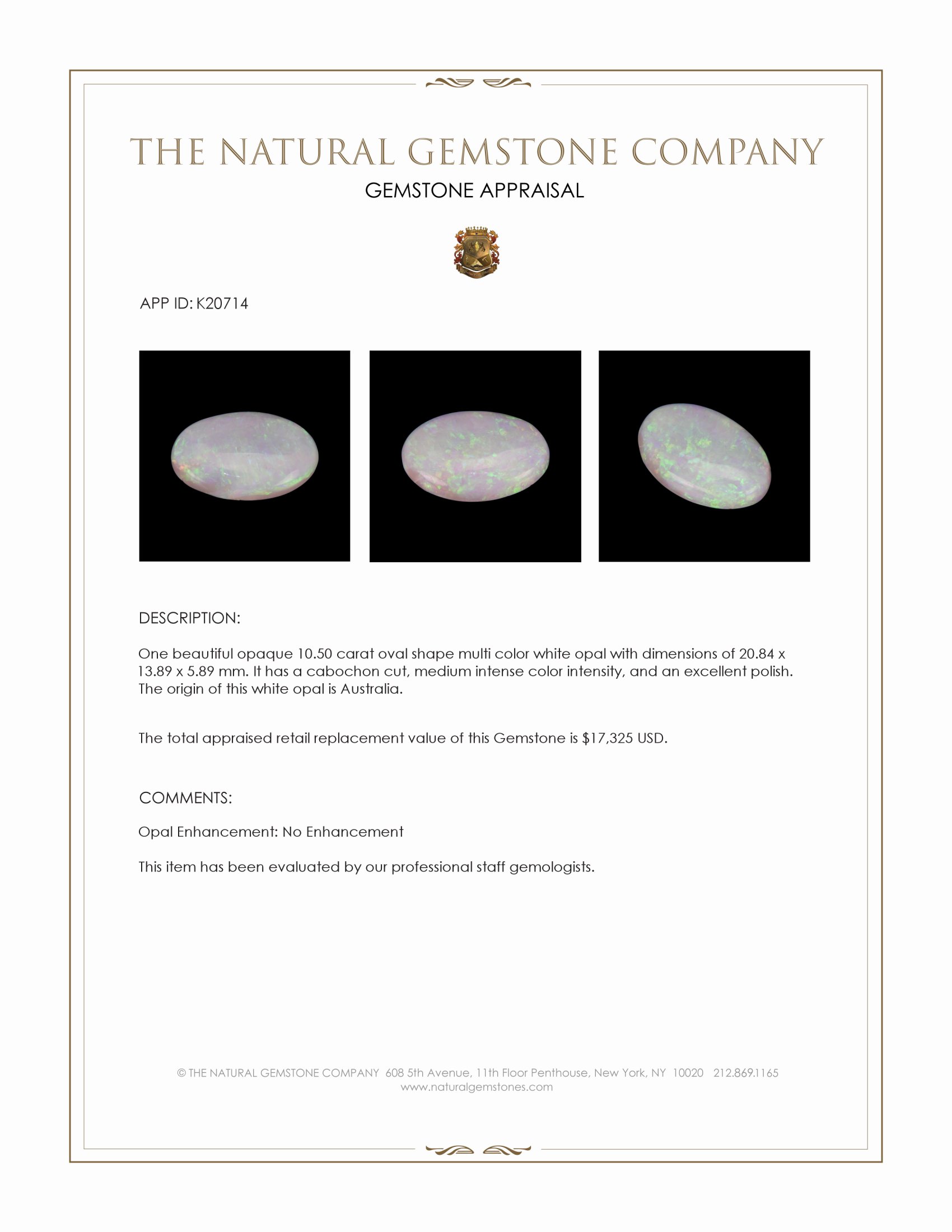 10.50 Ct. Cabochon White Opal from Australia