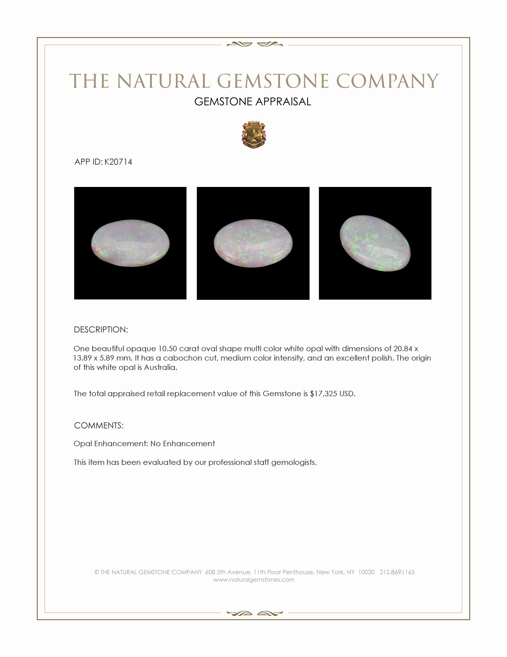 10.50 Ct. Cabochon White Opal from Australia