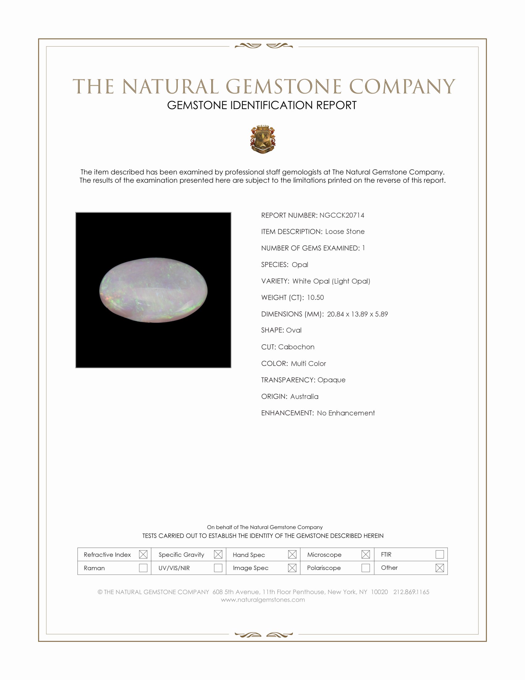 10.50 Ct. Multi Color Cabochon White Opal (Light Opal) from Australia