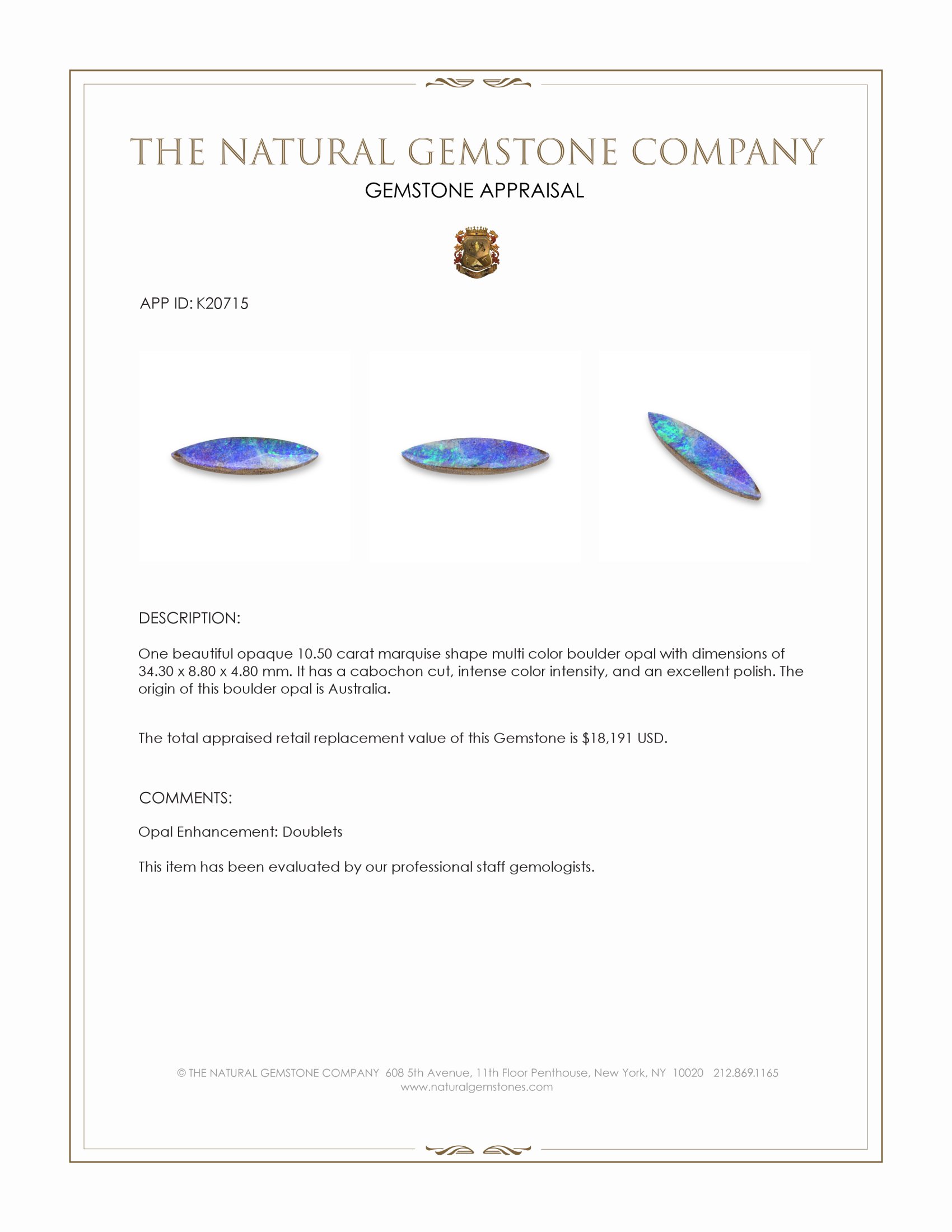 10.50 Ct. Cabochon Boulder Opal from Australia