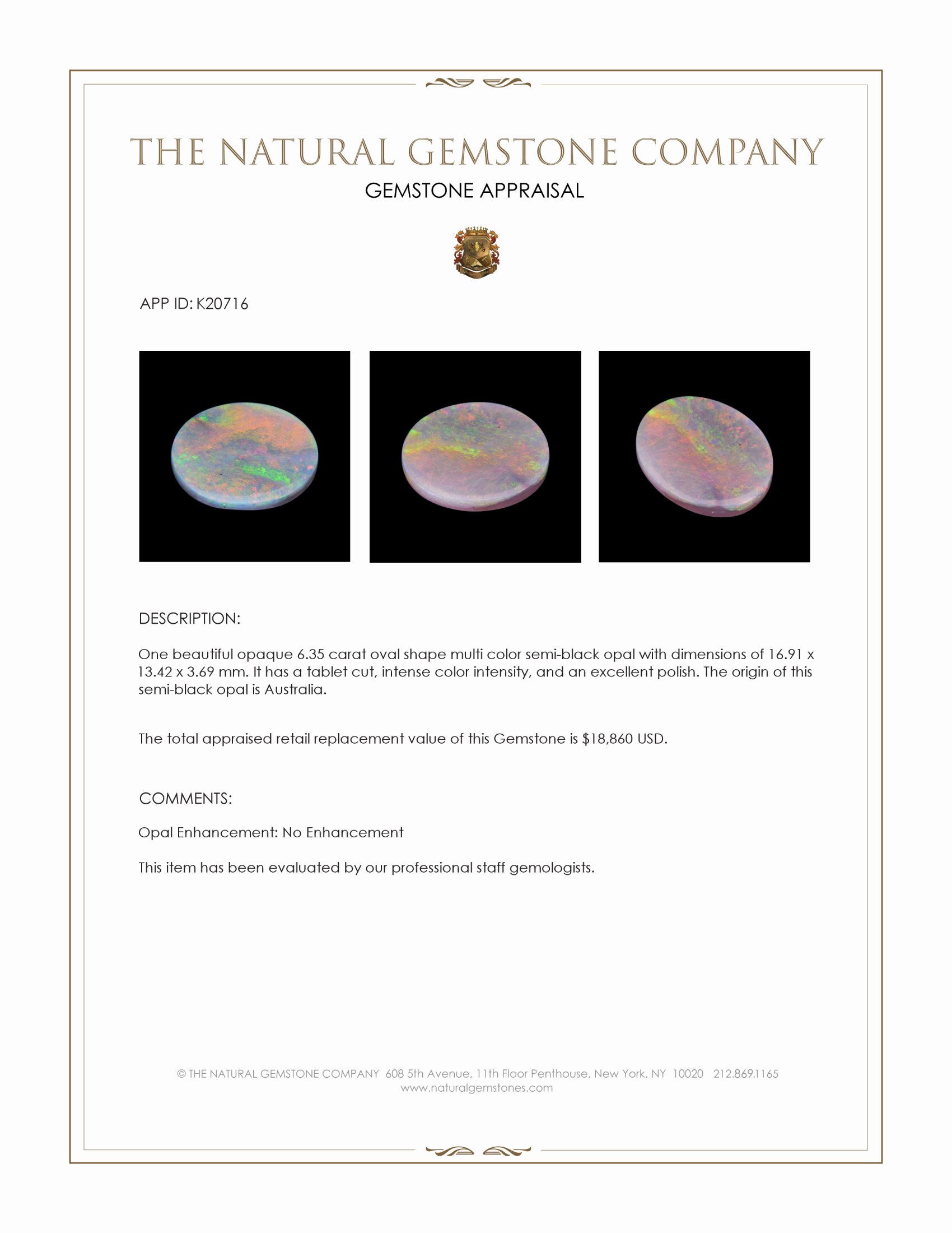 6.35 Ct. Semi-Black Opal from Australia