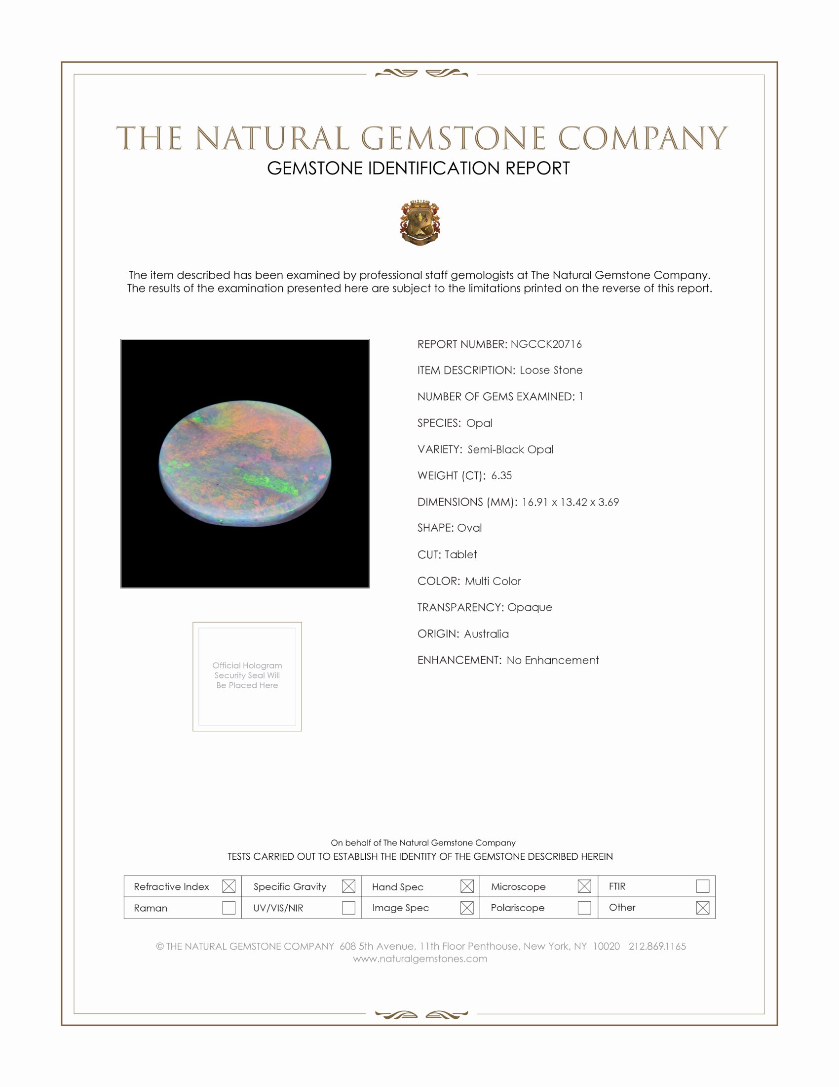 6.35 Ct. Multi Color Crystal Opal (Jelly Opal) from Australia
