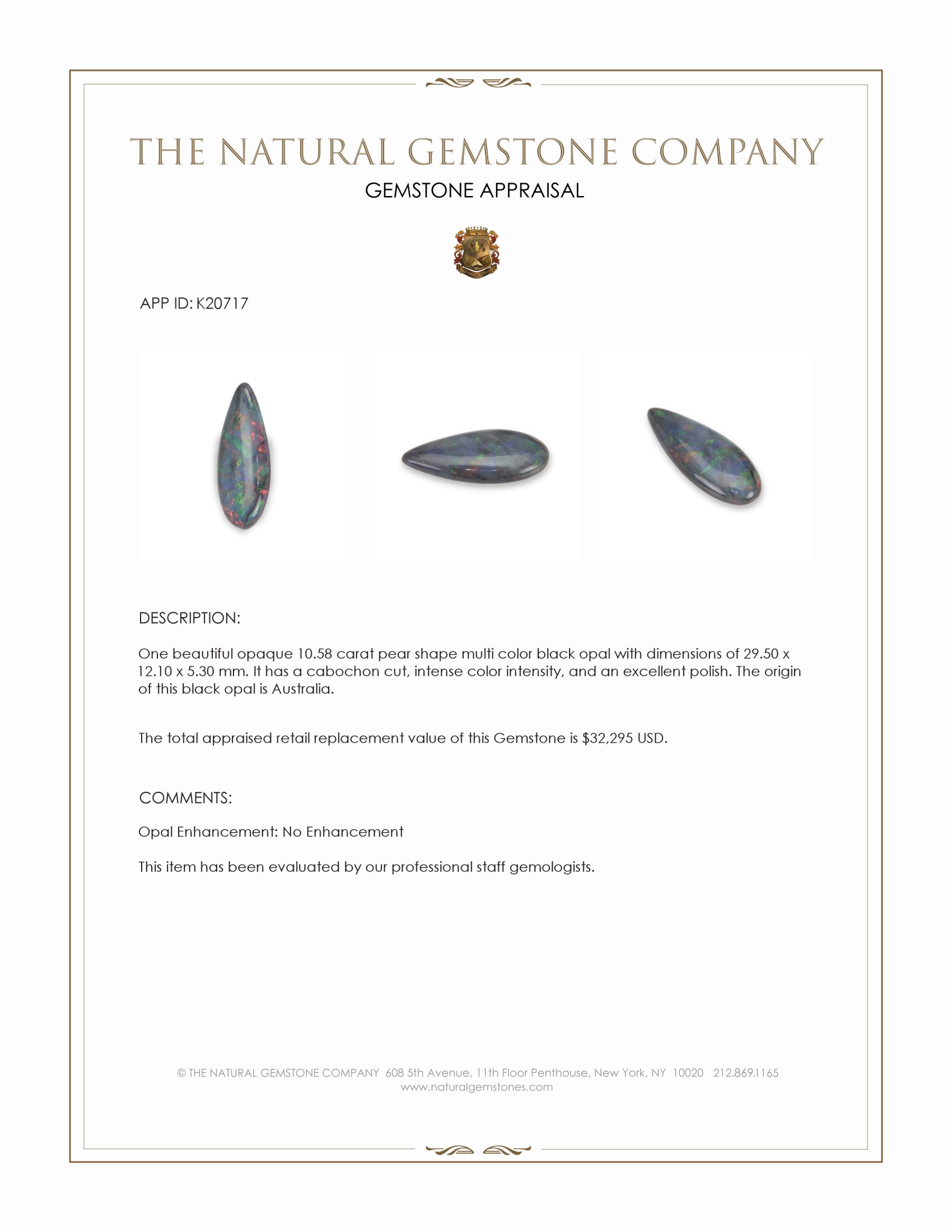 10.58 Ct. Multi Color Cabochon Black Opal from Australia