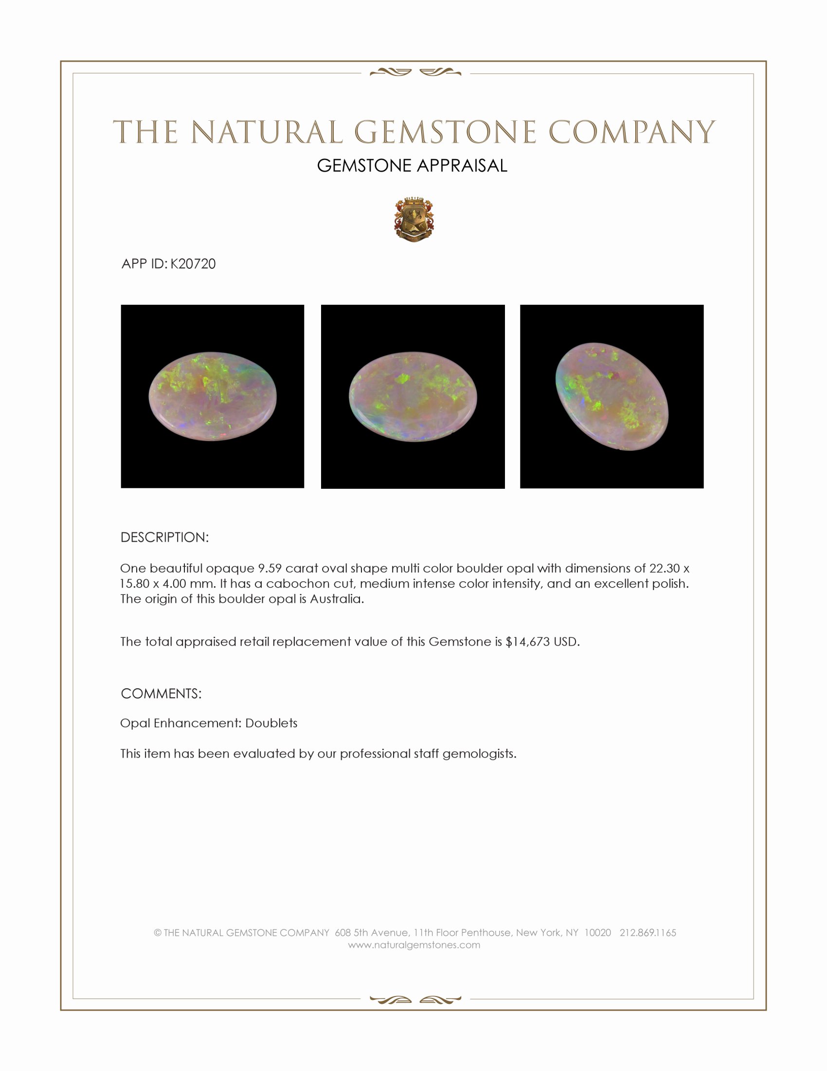 9.59 Ct. Cabochon Boulder Opal from Australia