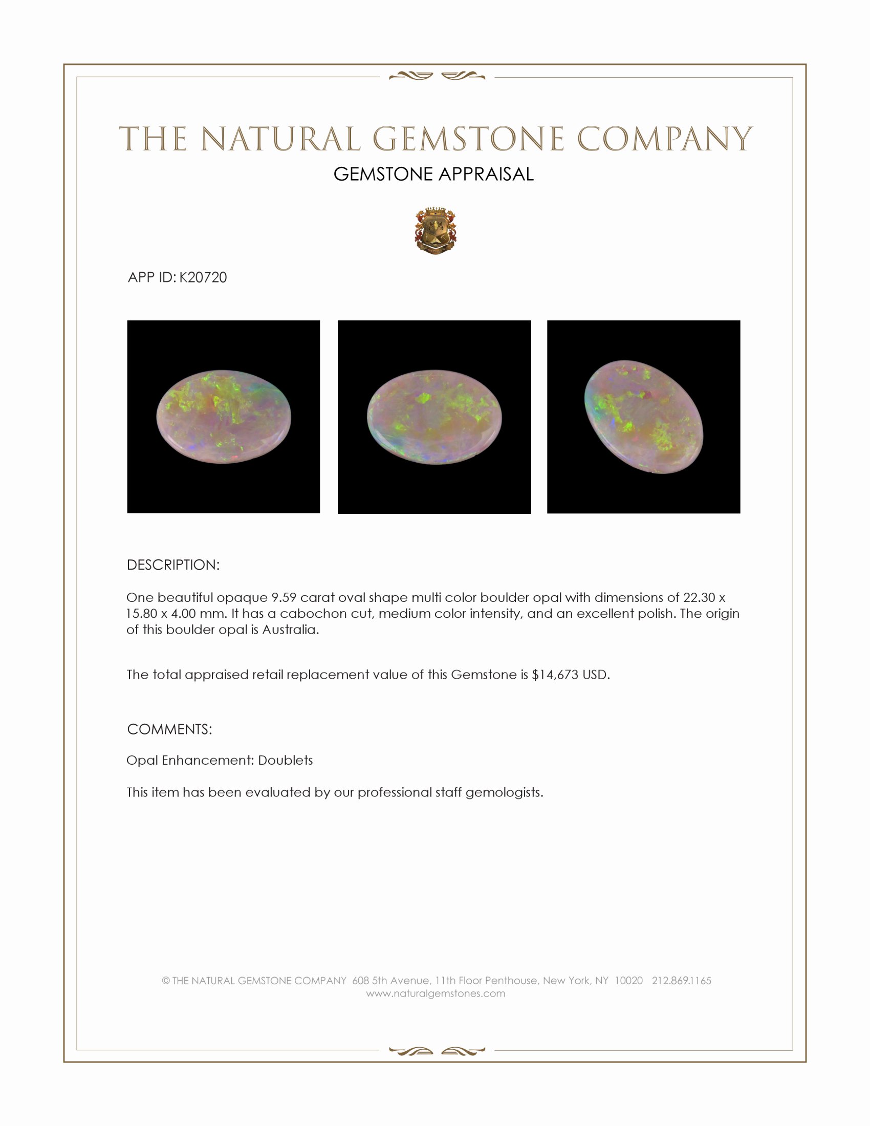 9.59 Ct. Cabochon Boulder Opal from Australia