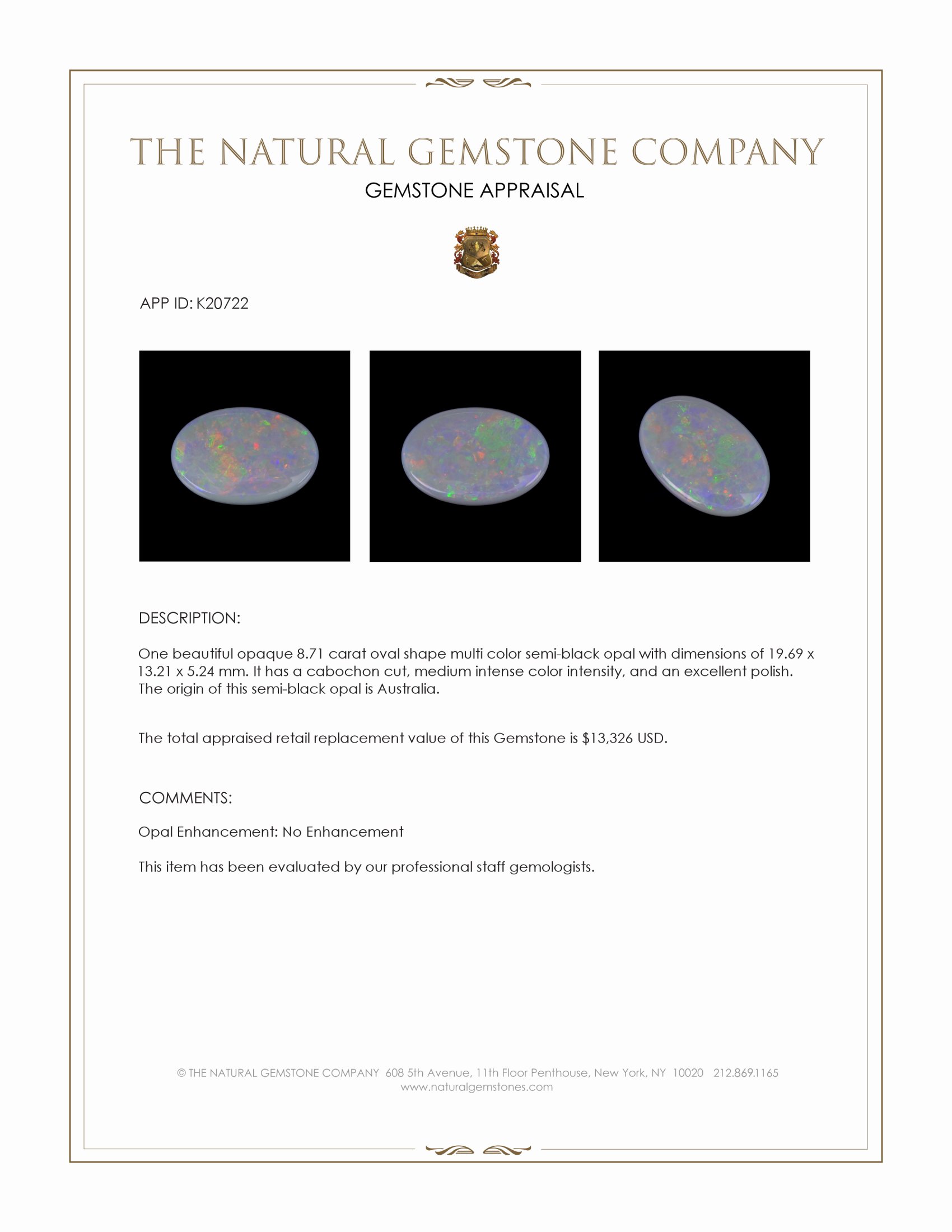 8.71 Ct. Cabochon Semi-Black Opal from Australia