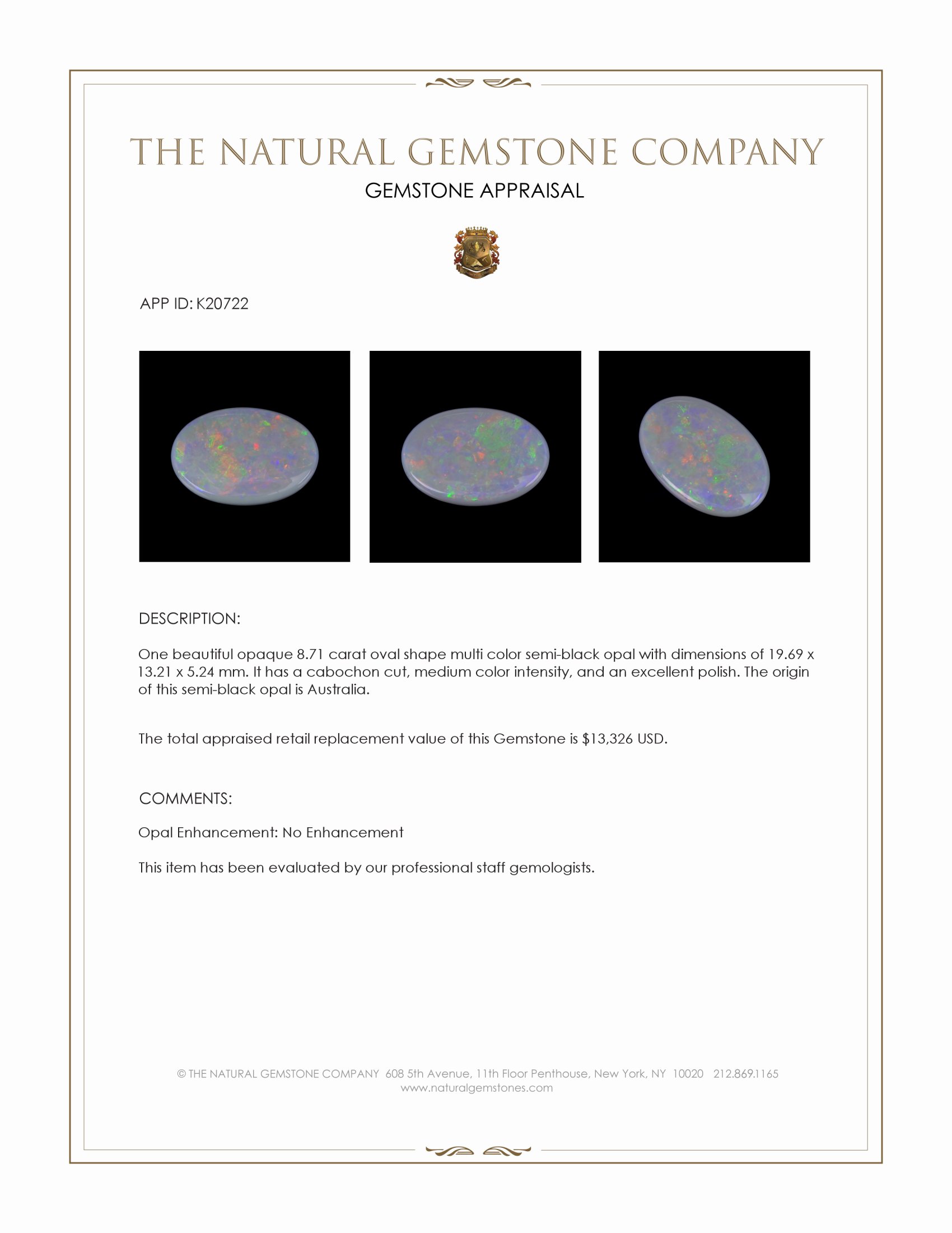 8.71 Ct. Cabochon Semi-Black Opal from Australia