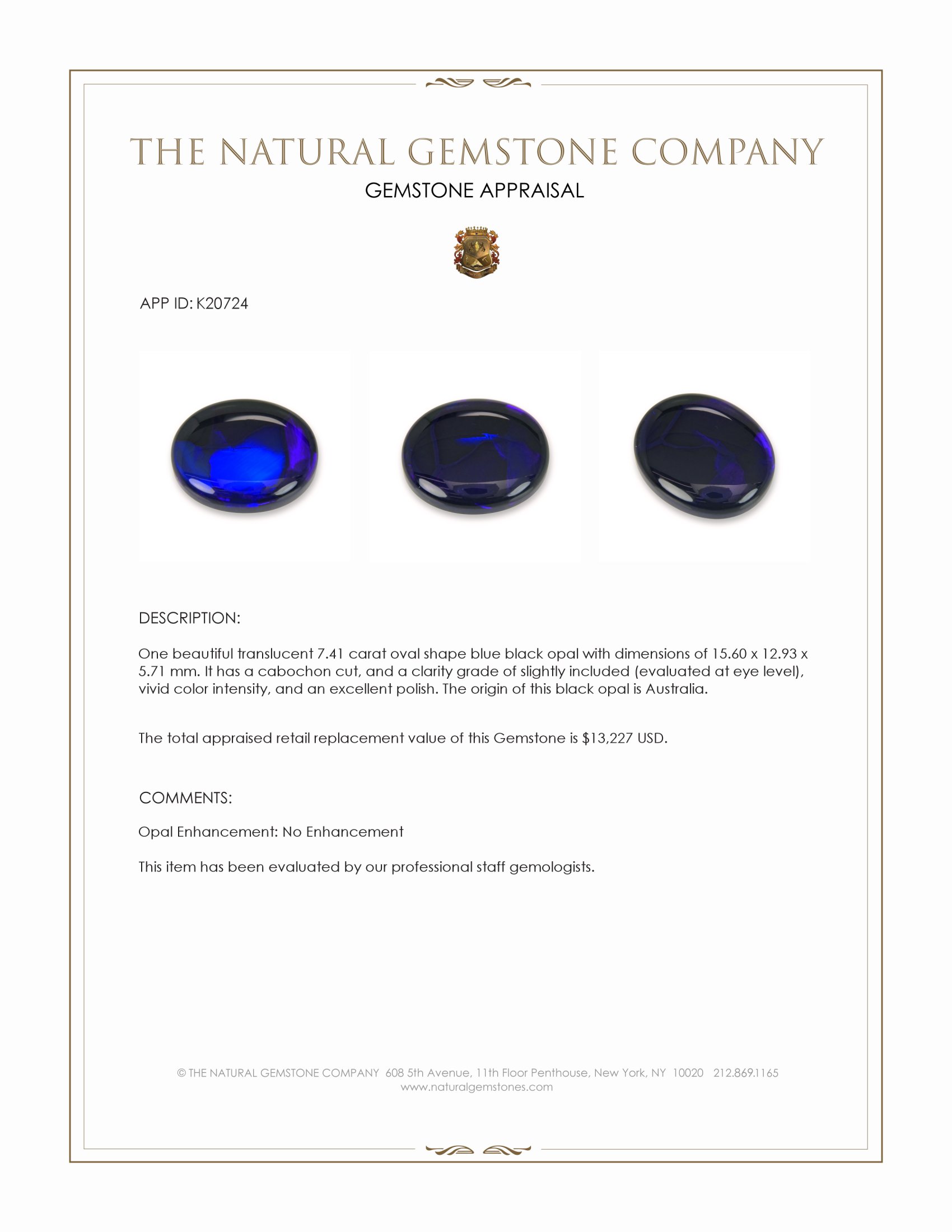 7.41 Ct. Cabochon Black Opal from Australia