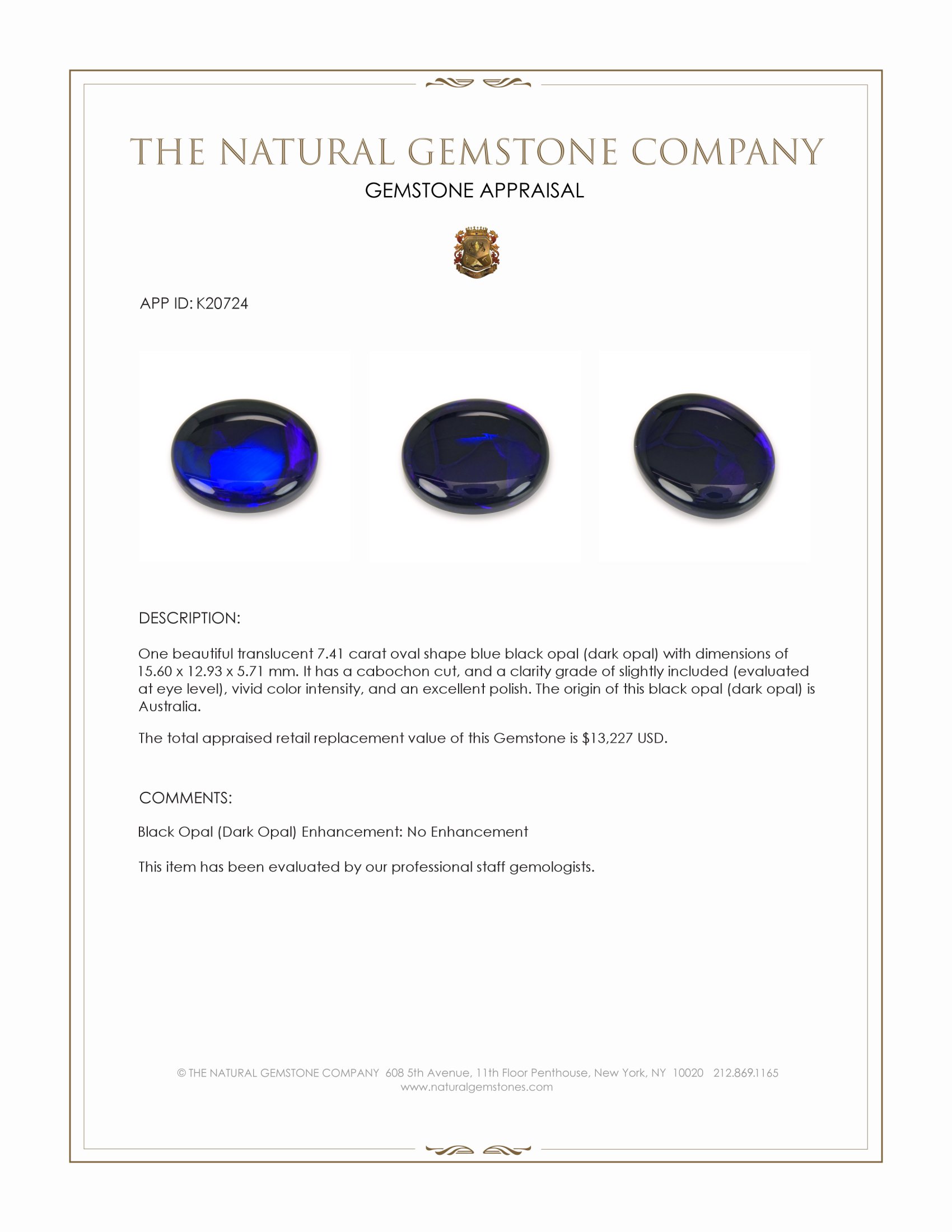 7.41 Ct. Blue Cabochon Black Opal (Dark Opal) from Australia